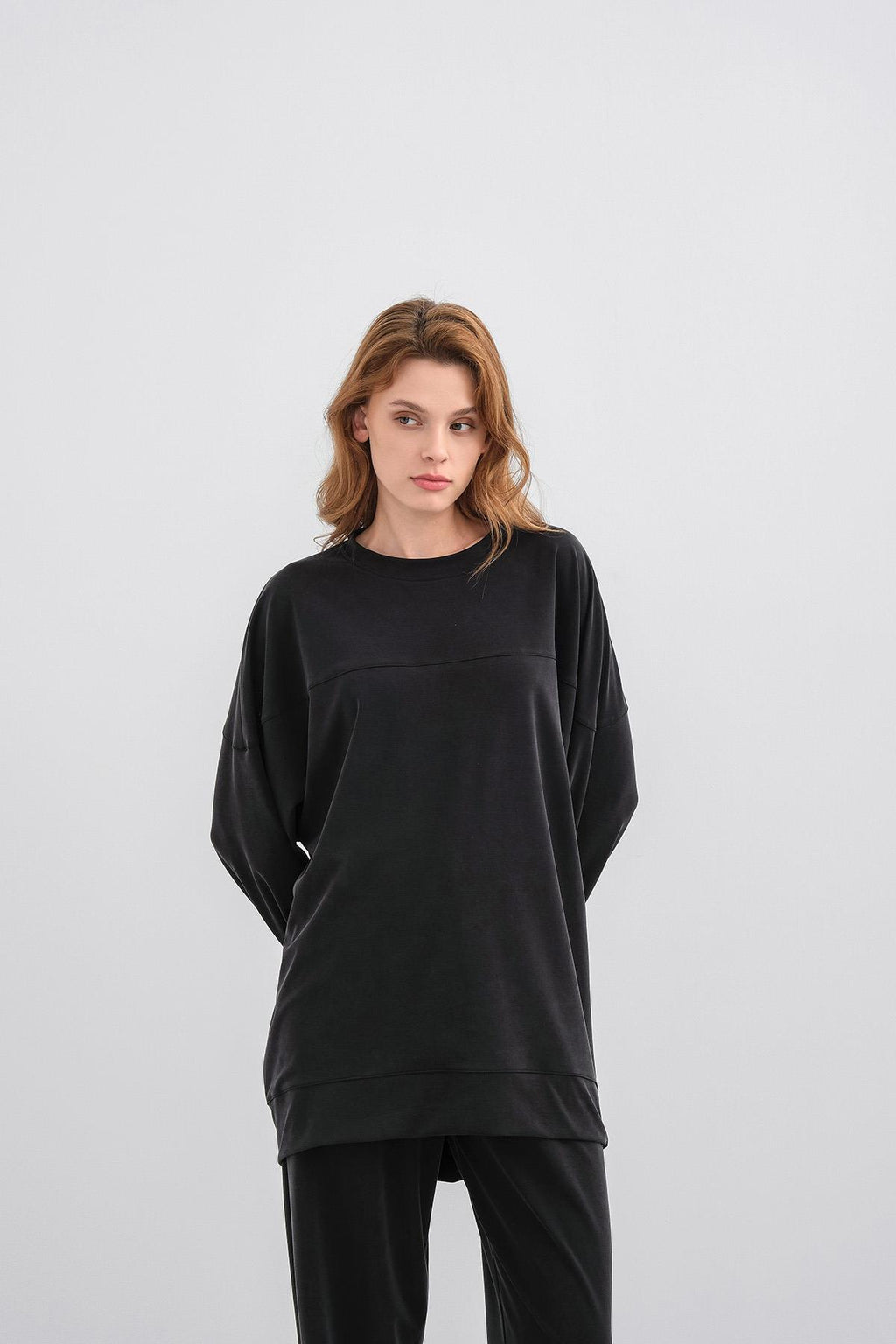 Siyah Kadın Tencel Karışımlı Yumuşak Dokulu Nervürlü Bol Paça Basic Alt-Üst Takım