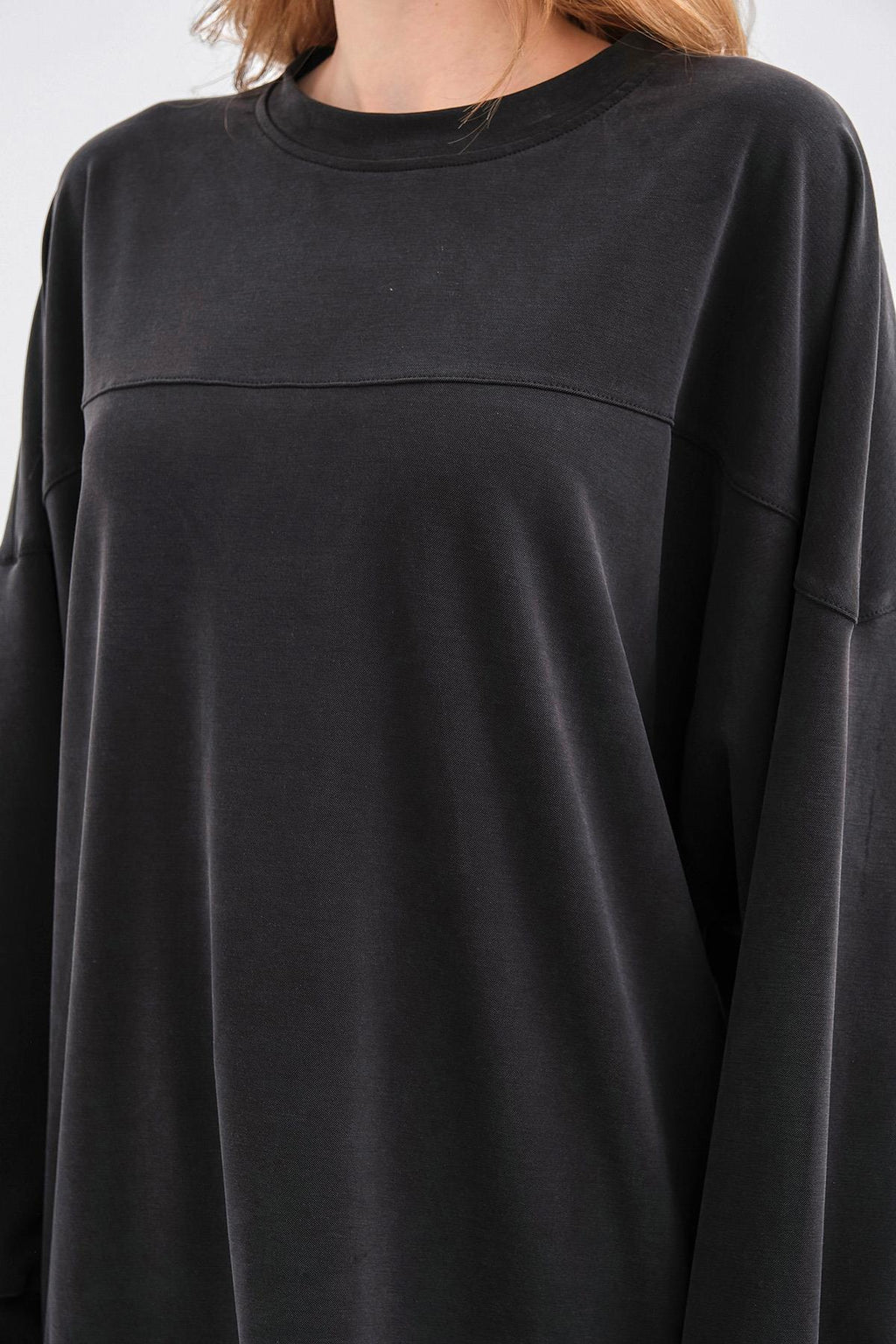 Siyah Kadın Tencel Karışımlı Yumuşak Dokulu Nervürlü Bol Paça Basic Alt-Üst Takım