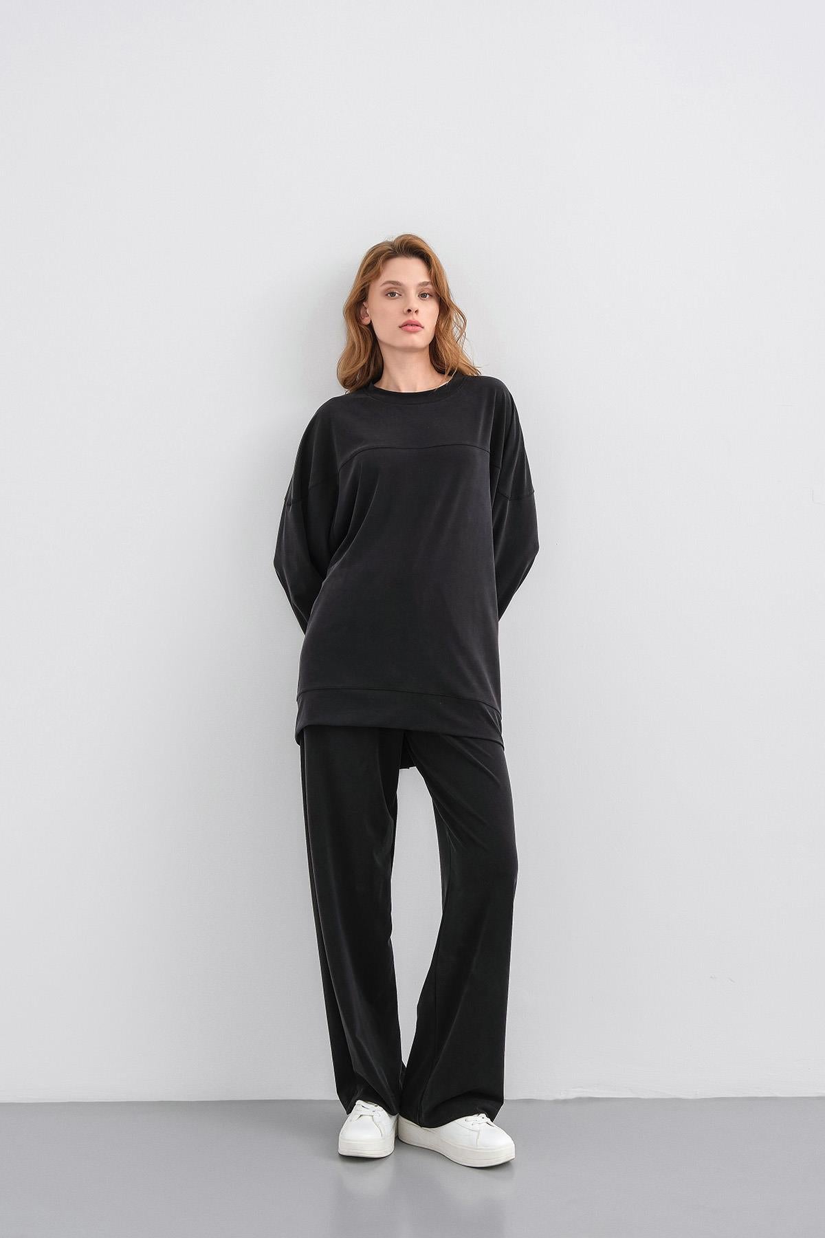 Siyah Kadın Tencel Karışımlı Yumuşak Dokulu Nervürlü Bol Paça Basic Alt-Üst Takım