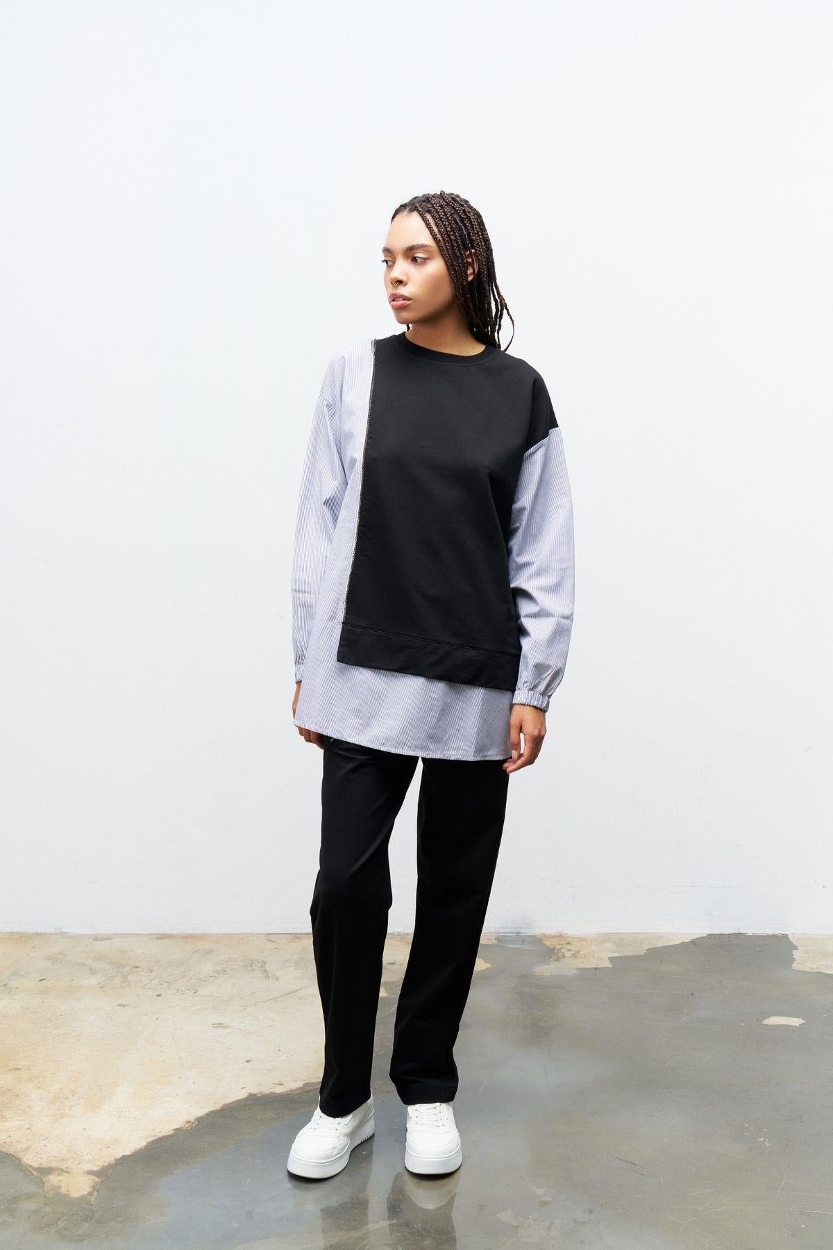 Siyah Kadın Üst Dokumalı Taş Şerit Detaylı Pamuklu Örme Alt Üst Takım