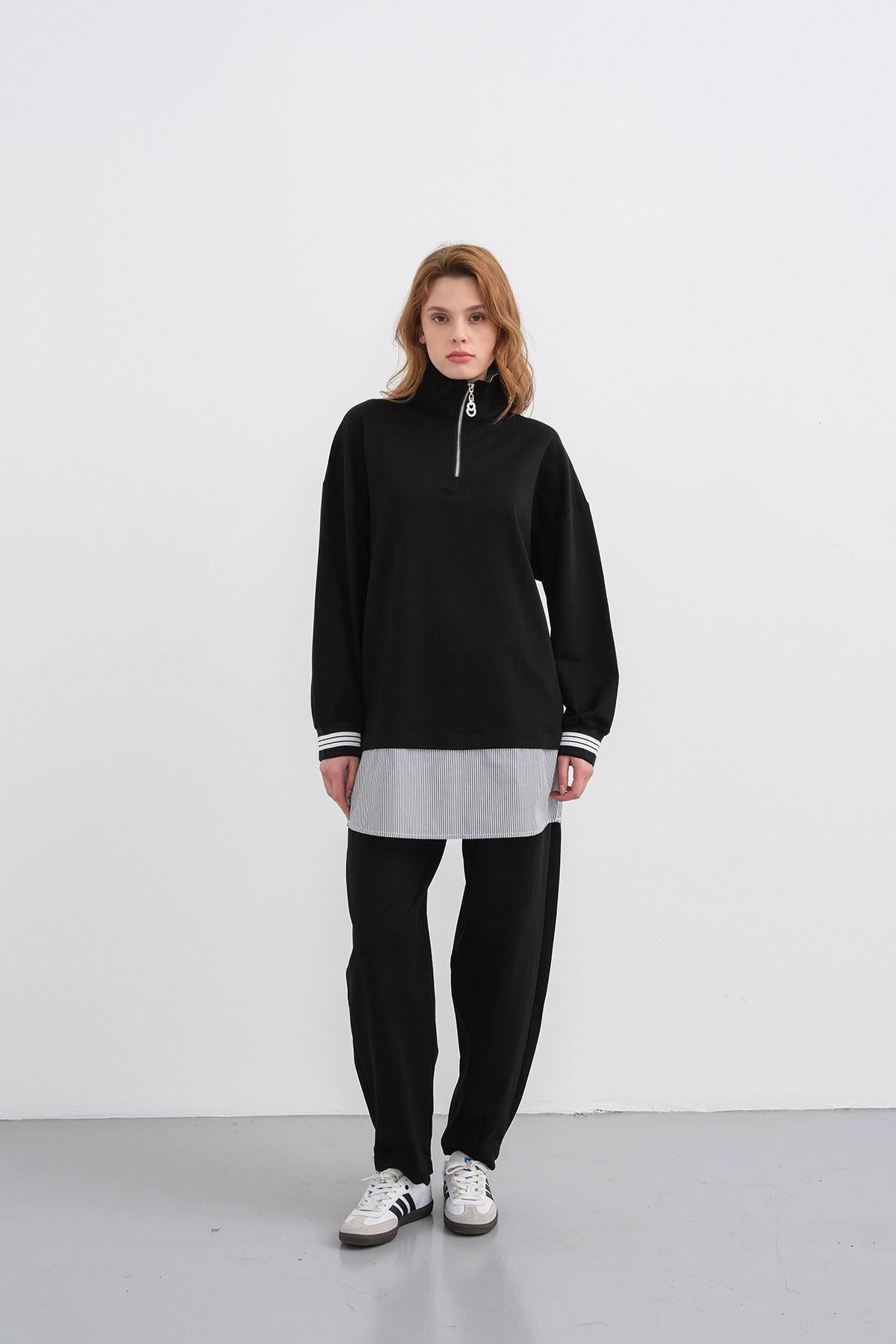 Siyah Kadın Yaka İçi  Ve Etek Ucu Dokumalı Yarım Fermuarlı Pamuklu Örme Alt Üst Takım