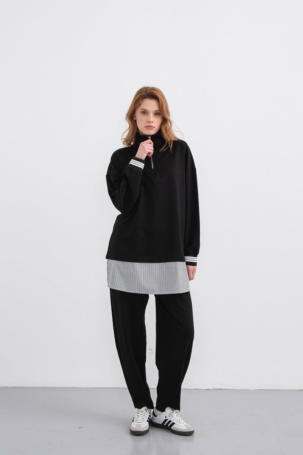 Siyah Kadın Yaka İçi  Ve Etek Ucu Dokumalı Yarım Fermuarlı Pamuklu Örme Alt Üst Takım