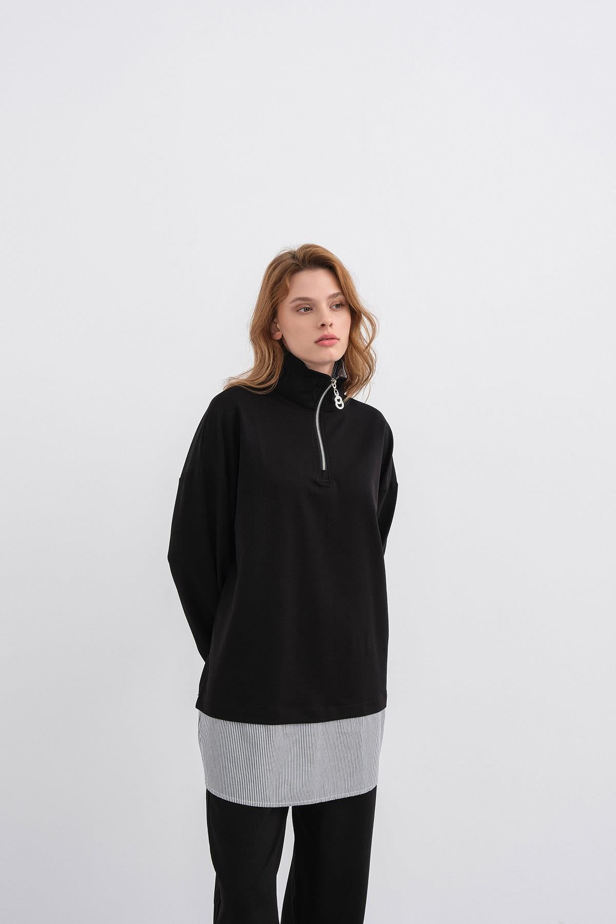 Siyah Kadın Yaka İçi  Ve Etek Ucu Dokumalı Yarım Fermuarlı Pamuklu Örme Alt Üst Takım