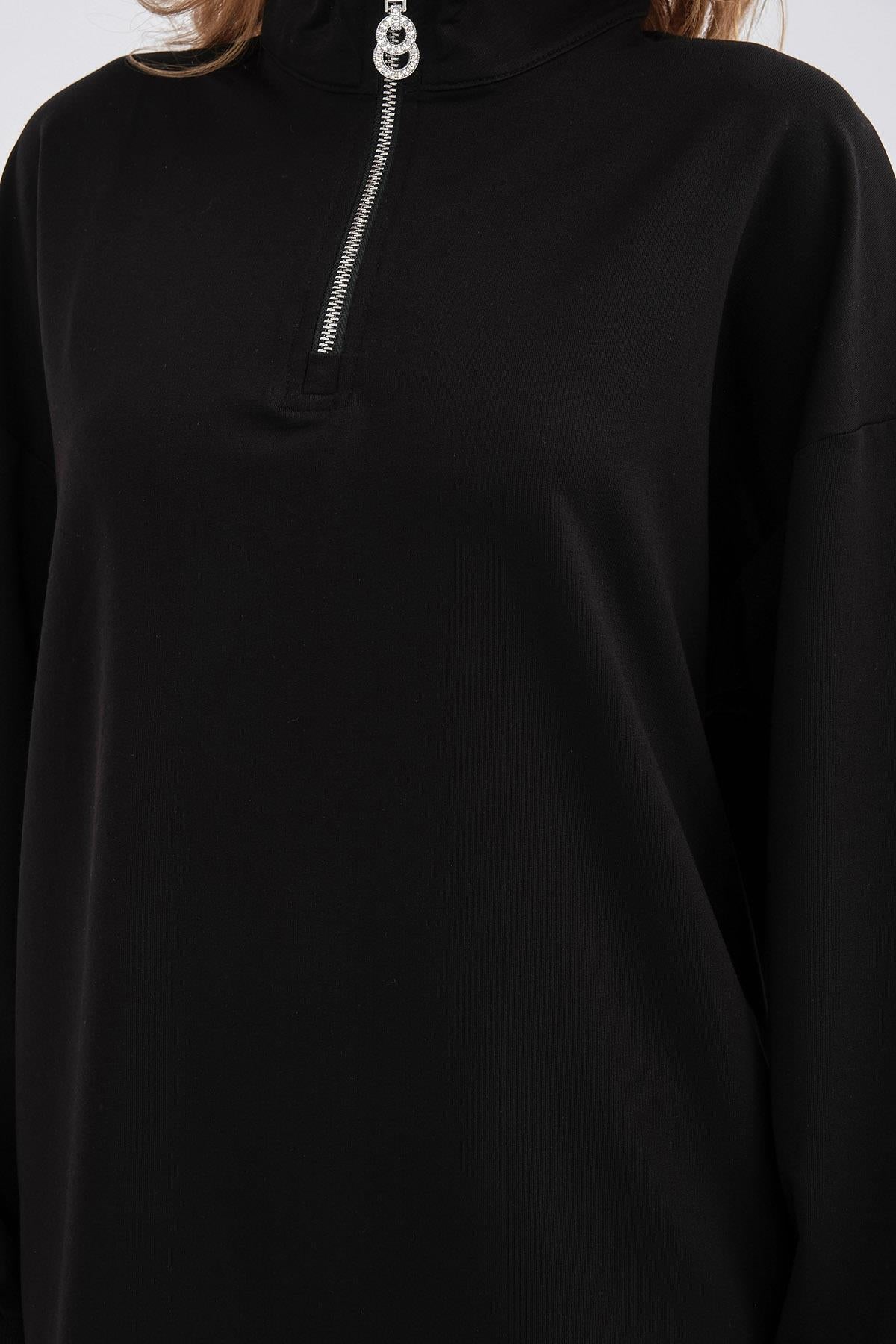 Siyah Kadın Yaka İçi  Ve Etek Ucu Dokumalı Yarım Fermuarlı Pamuklu Örme Alt Üst Takım