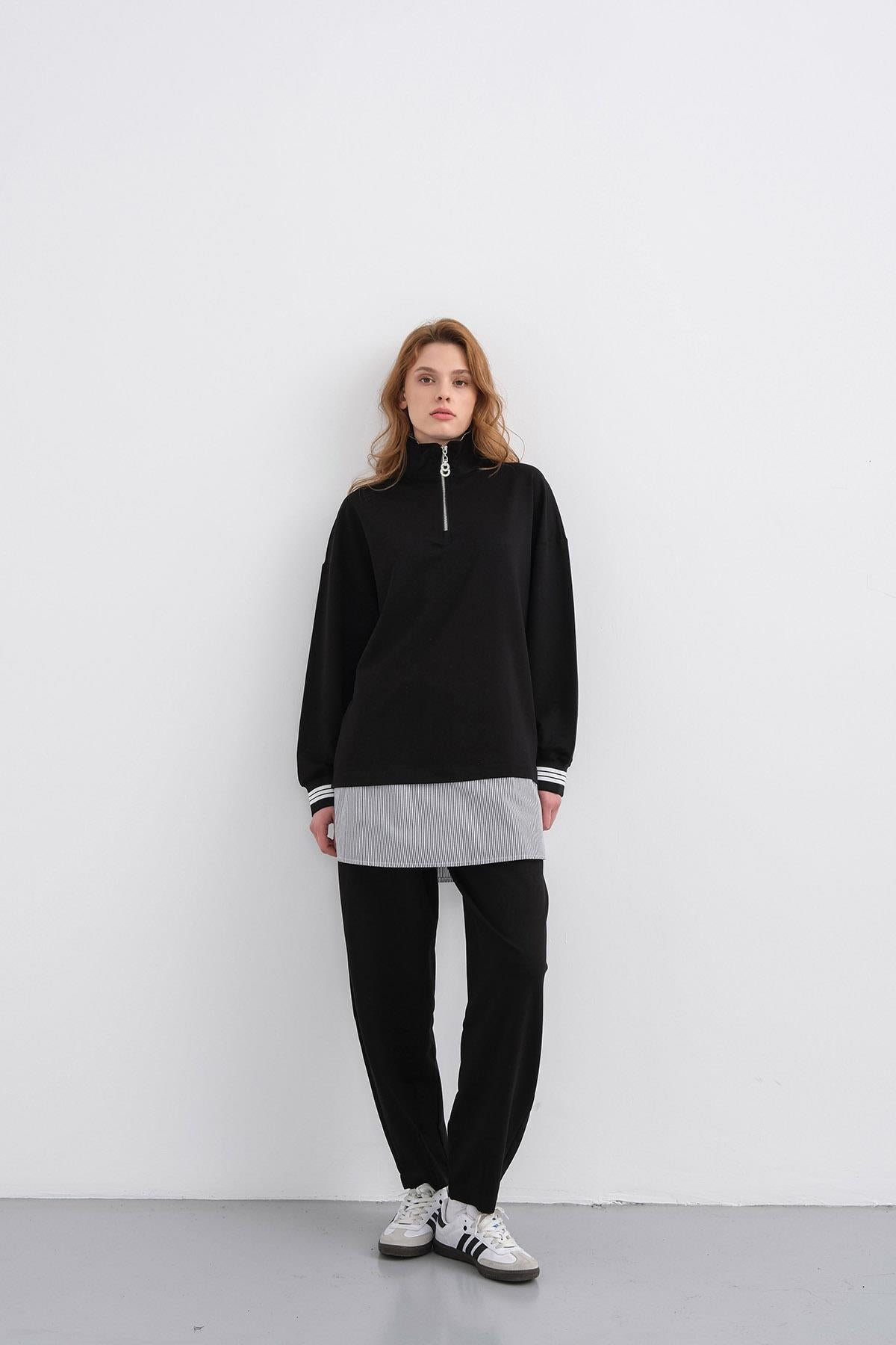 Siyah Kadın Yaka İçi  Ve Etek Ucu Dokumalı Yarım Fermuarlı Pamuklu Örme Alt Üst Takım