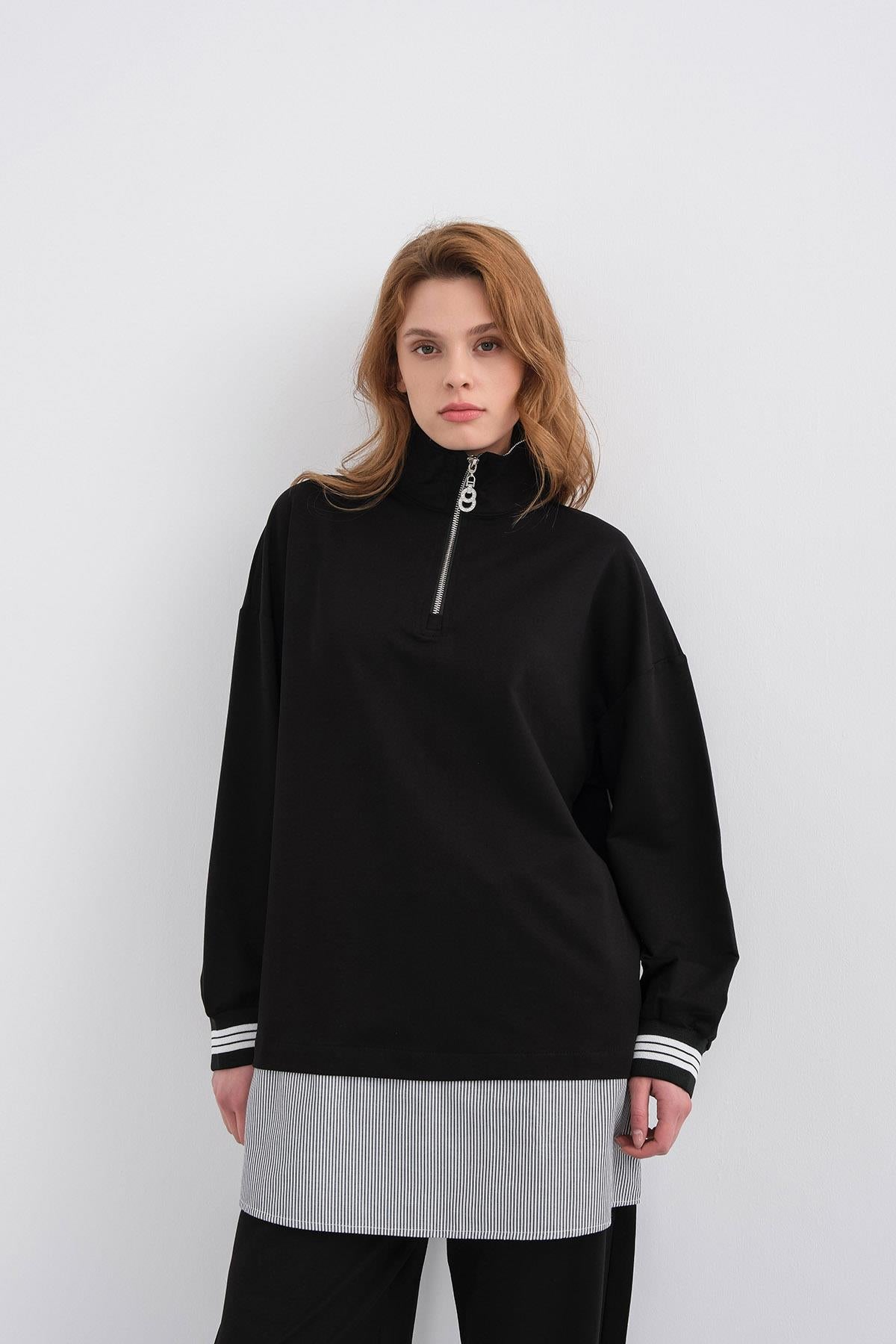 Siyah Kadın Yaka İçi  Ve Etek Ucu Dokumalı Yarım Fermuarlı Pamuklu Örme Alt Üst Takım