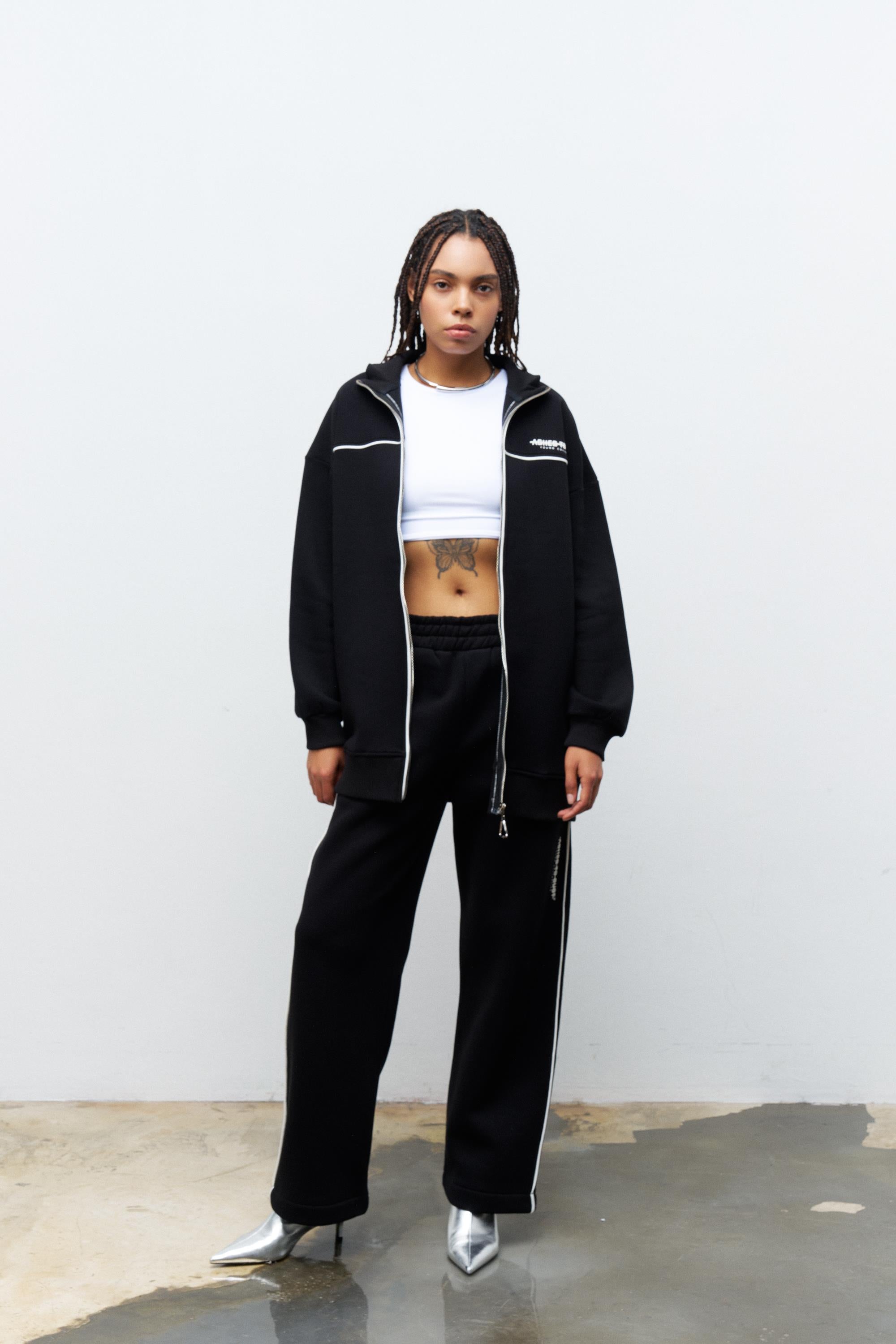 Siyah Kadın Yazı Baskı Detaylı Fermuarlı İçi Polarlı Alt Üst Takım