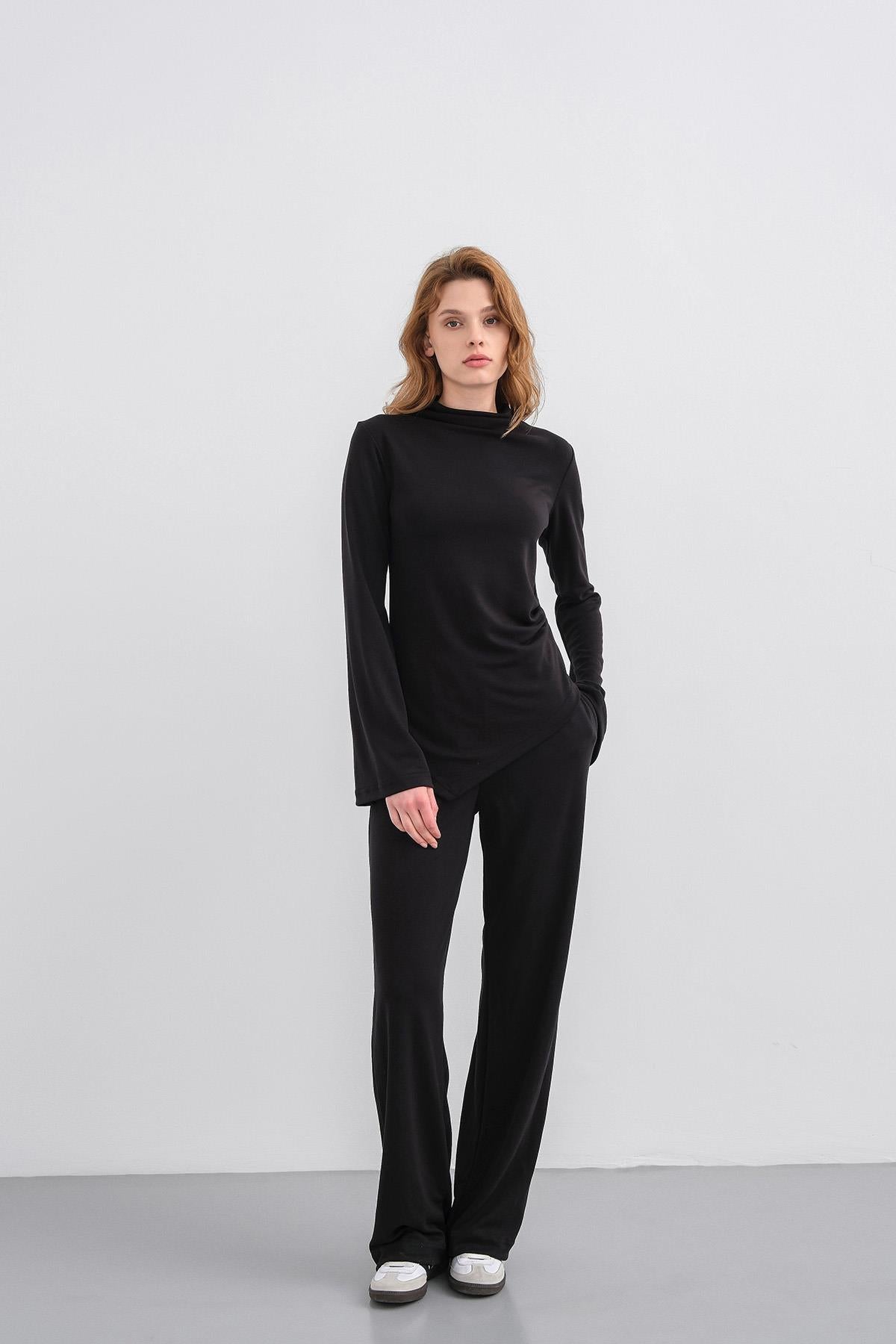 Siyah Kadın Yumuşak Dokulu Premium Modal  Balıkçı Yaka Asimetrik Kesim Alt-Üst Takım