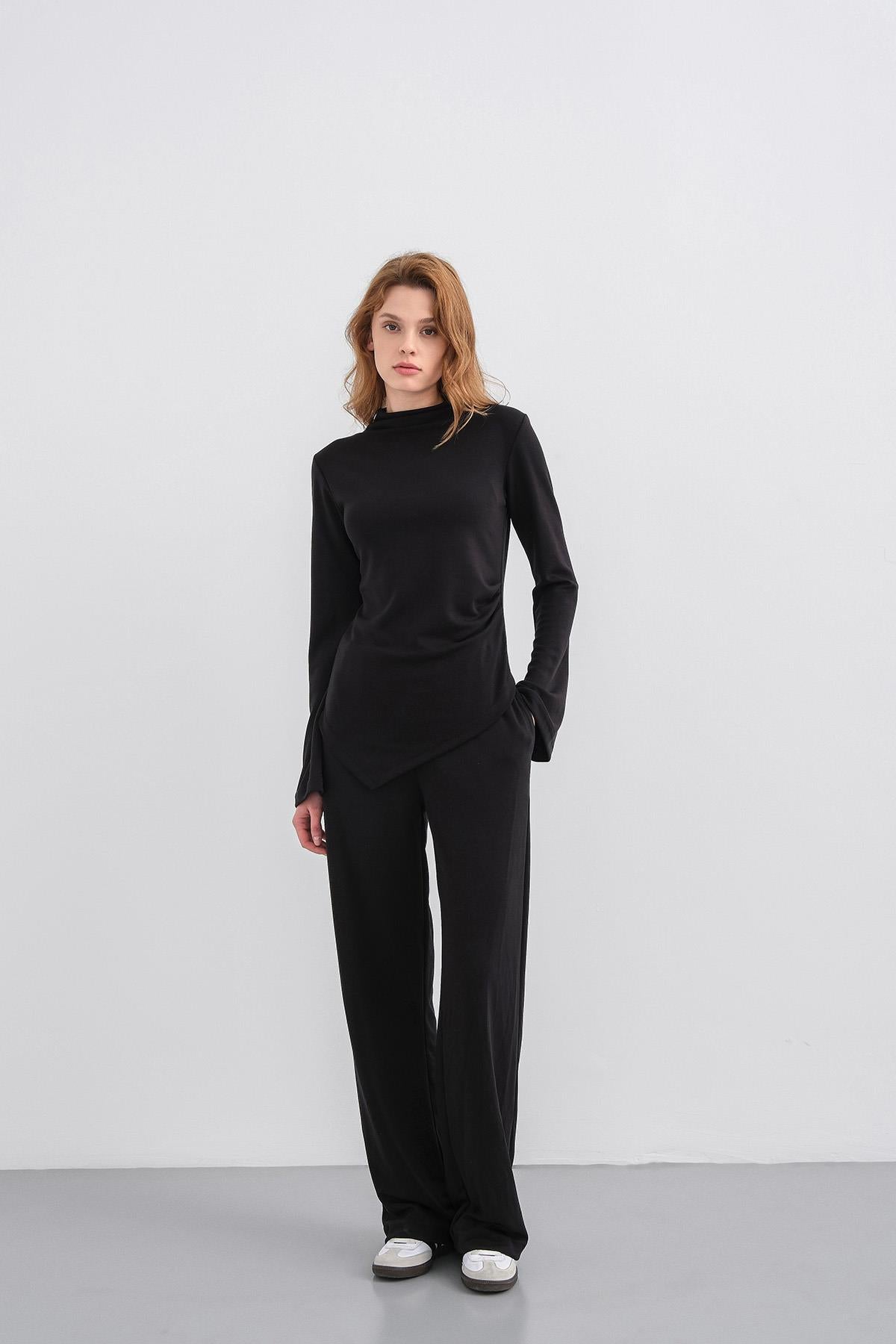 Siyah Kadın Yumuşak Dokulu Premium Modal  Balıkçı Yaka Asimetrik Kesim Alt-Üst Takım