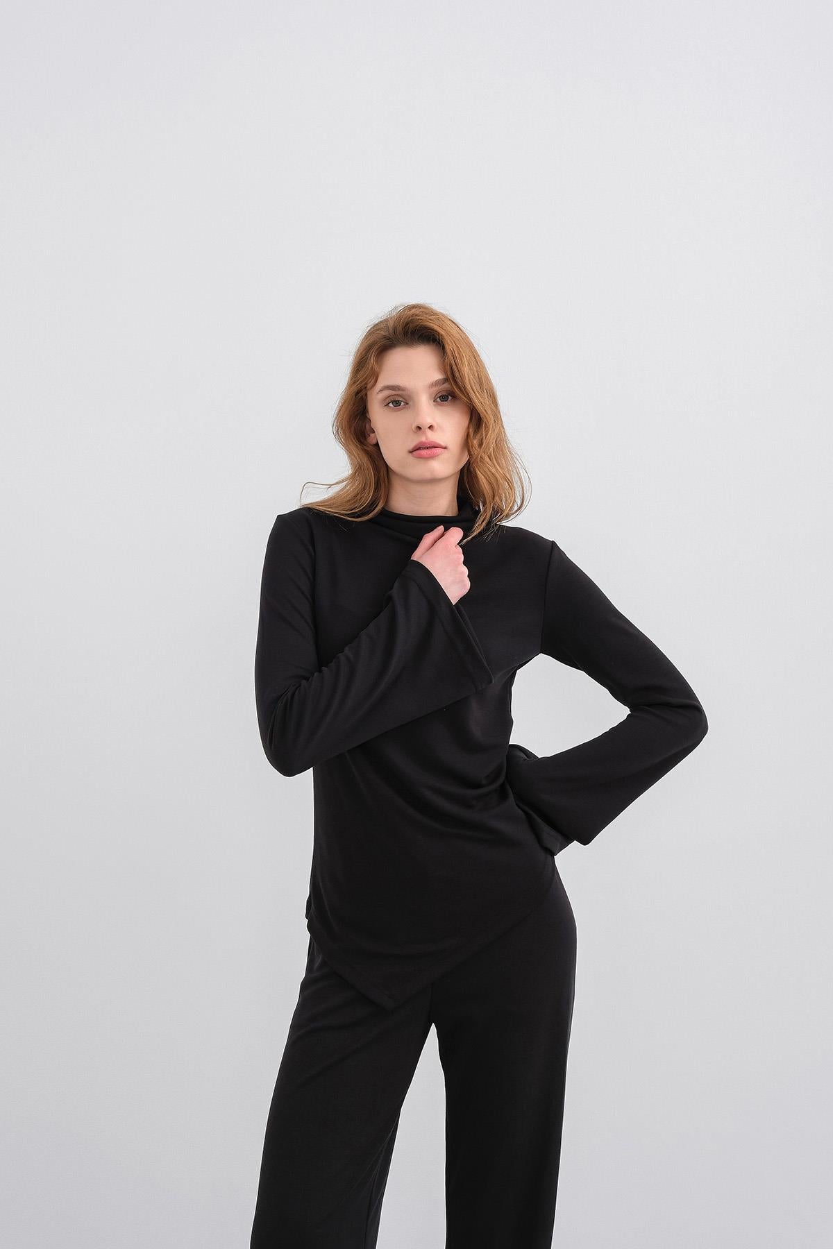 Siyah Kadın Yumuşak Dokulu Premium Modal  Balıkçı Yaka Asimetrik Kesim Alt-Üst Takım