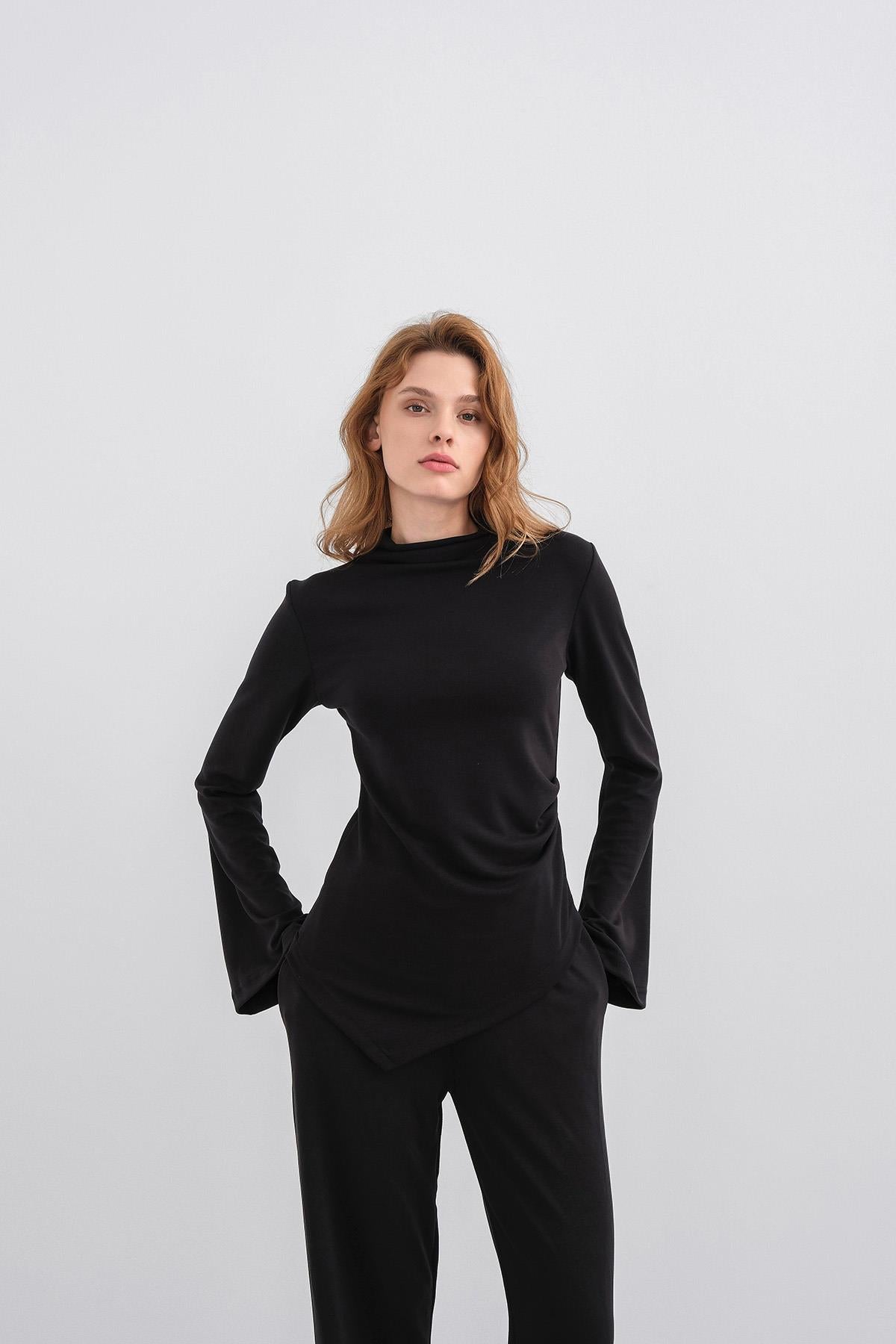 Siyah Kadın Yumuşak Dokulu Premium Modal  Balıkçı Yaka Asimetrik Kesim Alt-Üst Takım