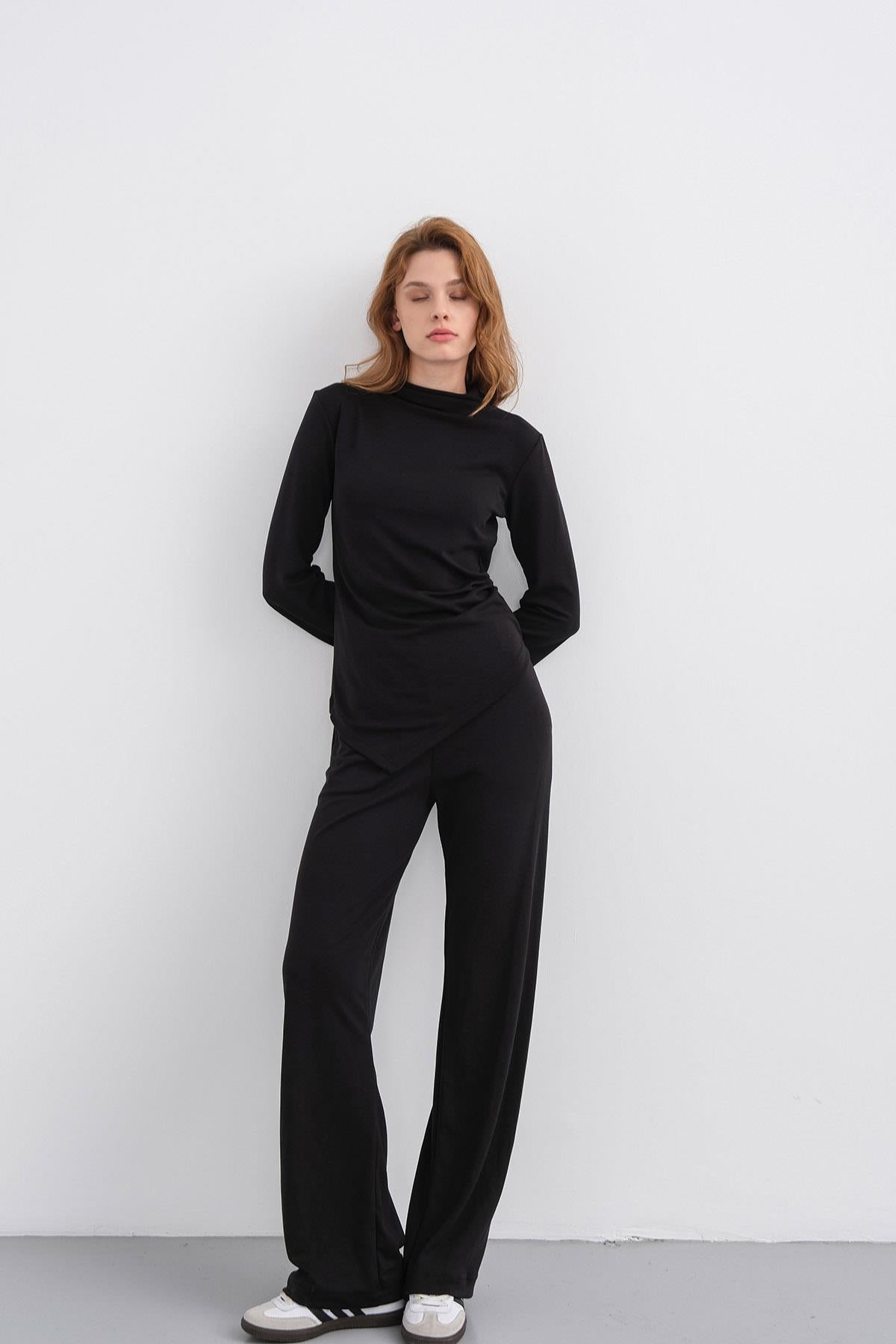 Siyah Kadın Yumuşak Dokulu Premium Modal  Balıkçı Yaka Asimetrik Kesim Alt-Üst Takım