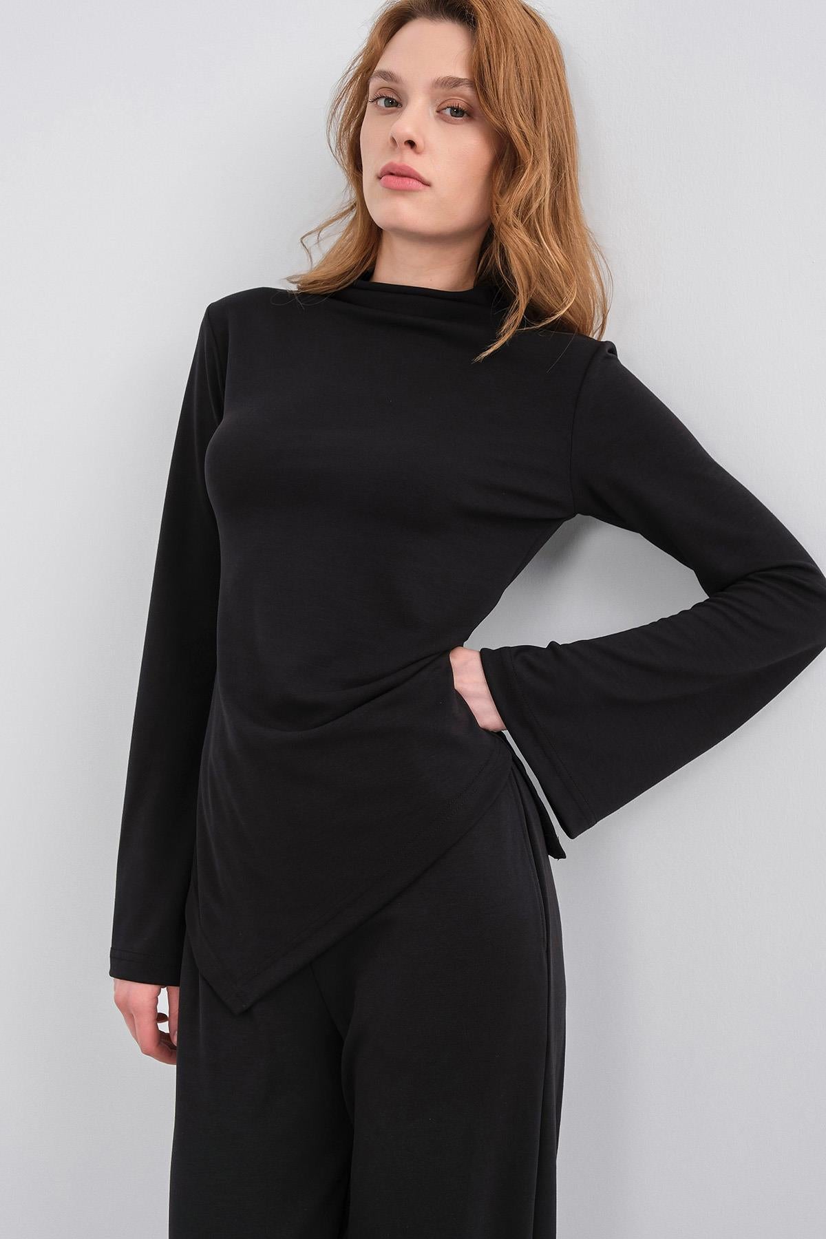 Siyah Kadın Yumuşak Dokulu Premium Modal  Balıkçı Yaka Asimetrik Kesim Alt-Üst Takım