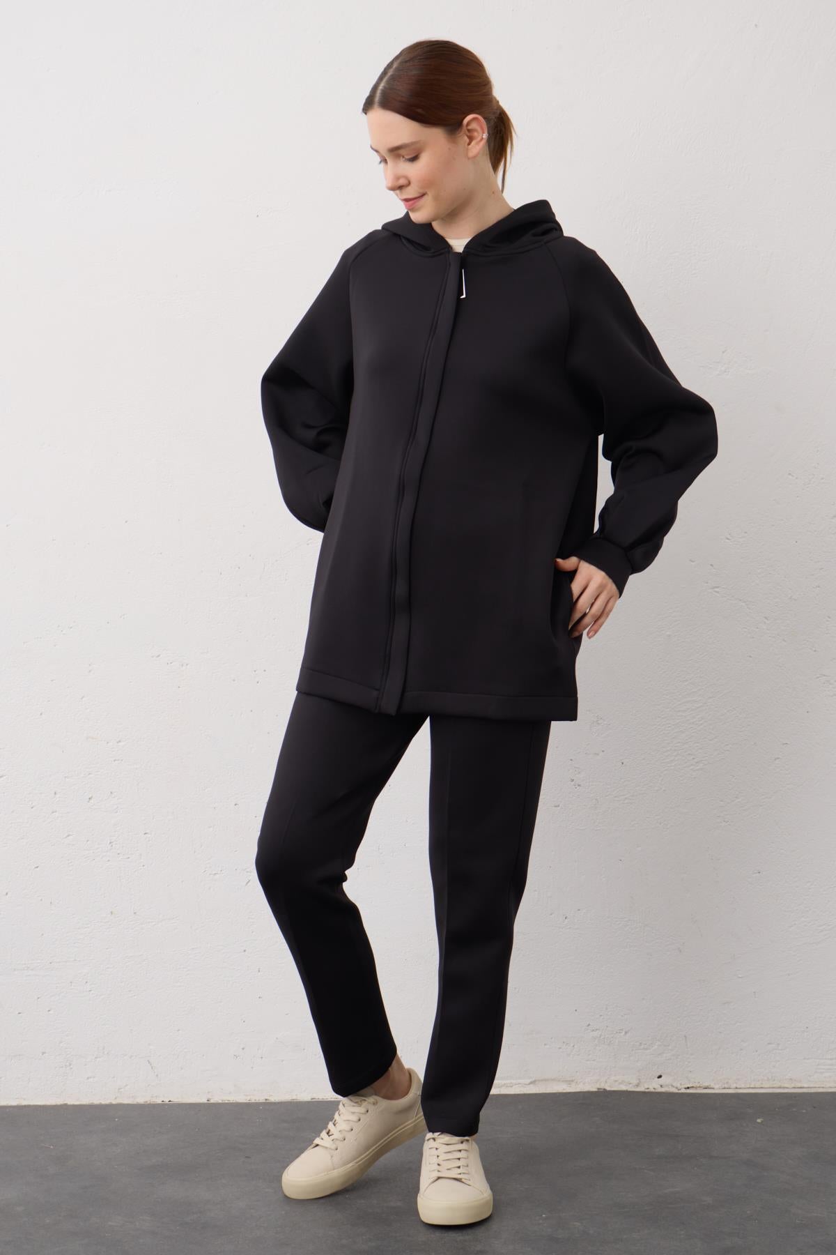 Siyah Kapüşonlu Fermuarlı Scuba Alt Üst Takım