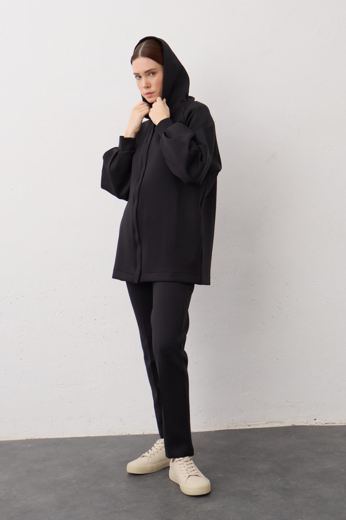 Siyah Kapüşonlu Fermuarlı Scuba Alt Üst Takım