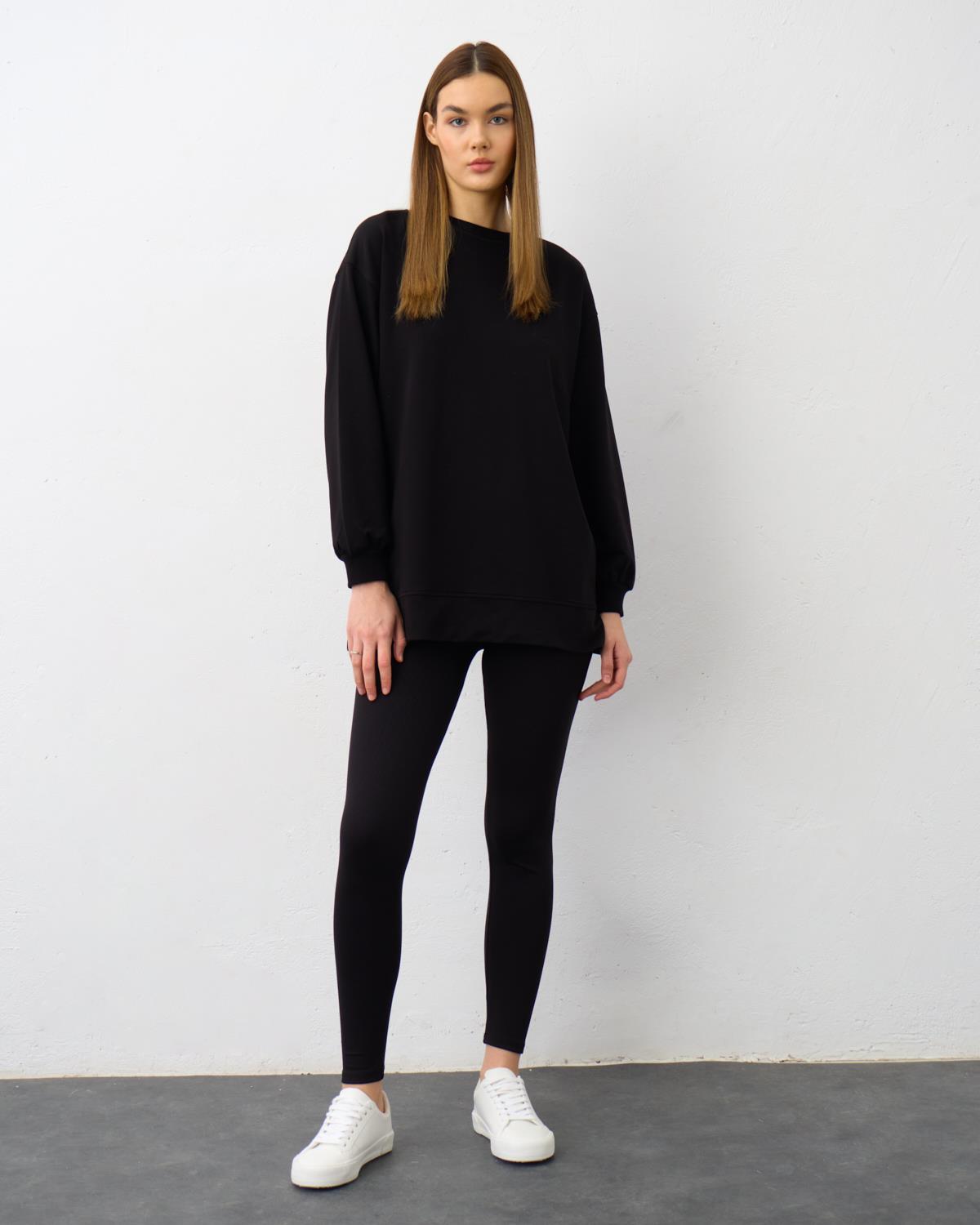 Siyah Taş Şerit Detaylı Çizgi Baskılı Pamuklu Örme Alt Üst Takım