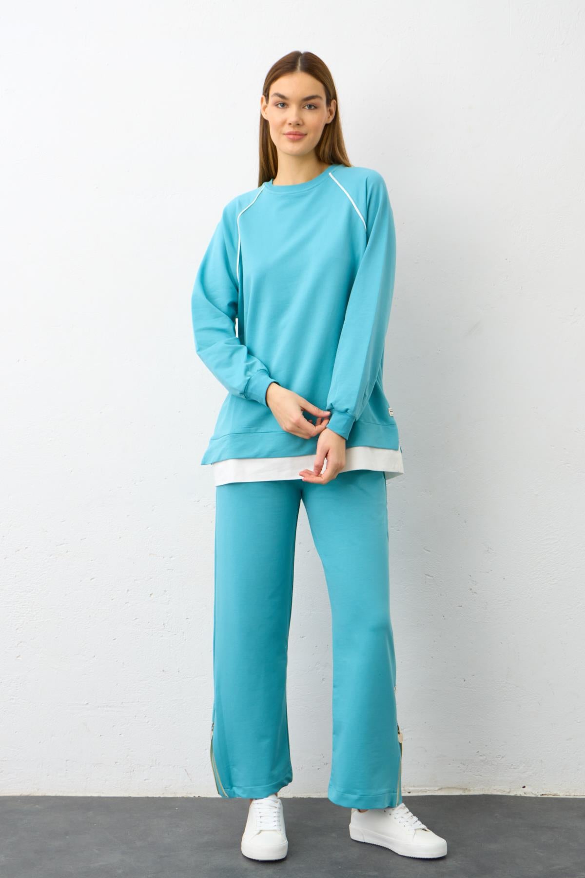 SU YEŞİLİ Etiket Detaylı Paçası Fermuarlı Eteği Süprem Pamuklu Örme Alt Üst Takım