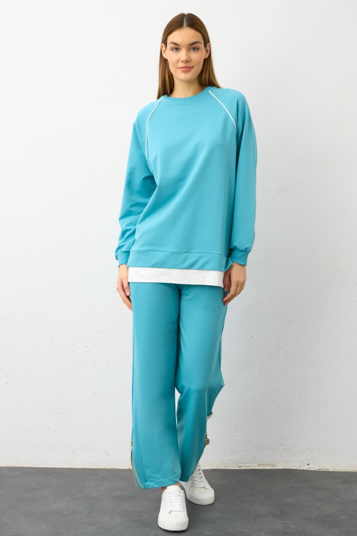 SU YEŞİLİ Etiket Detaylı Paçası Fermuarlı Eteği Süprem Pamuklu Örme Alt Üst Takım