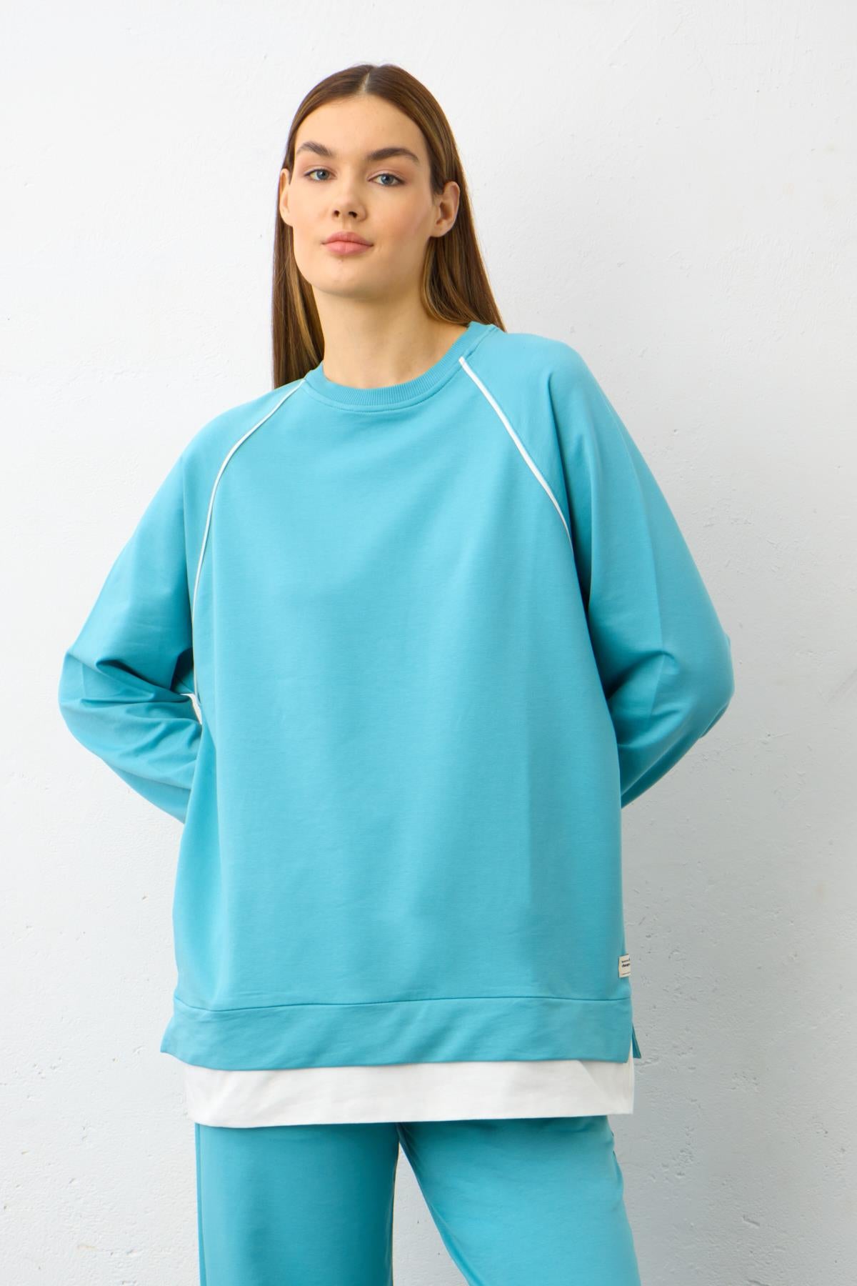 SU YEŞİLİ Etiket Detaylı Paçası Fermuarlı Eteği Süprem Pamuklu Örme Alt Üst Takım