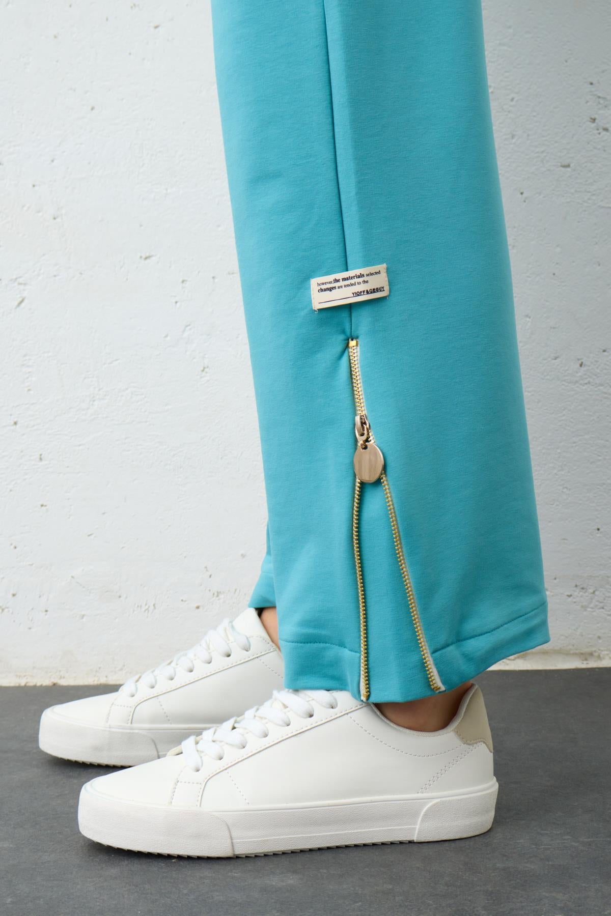 SU YEŞİLİ Etiket Detaylı Paçası Fermuarlı Eteği Süprem Pamuklu Örme Alt Üst Takım