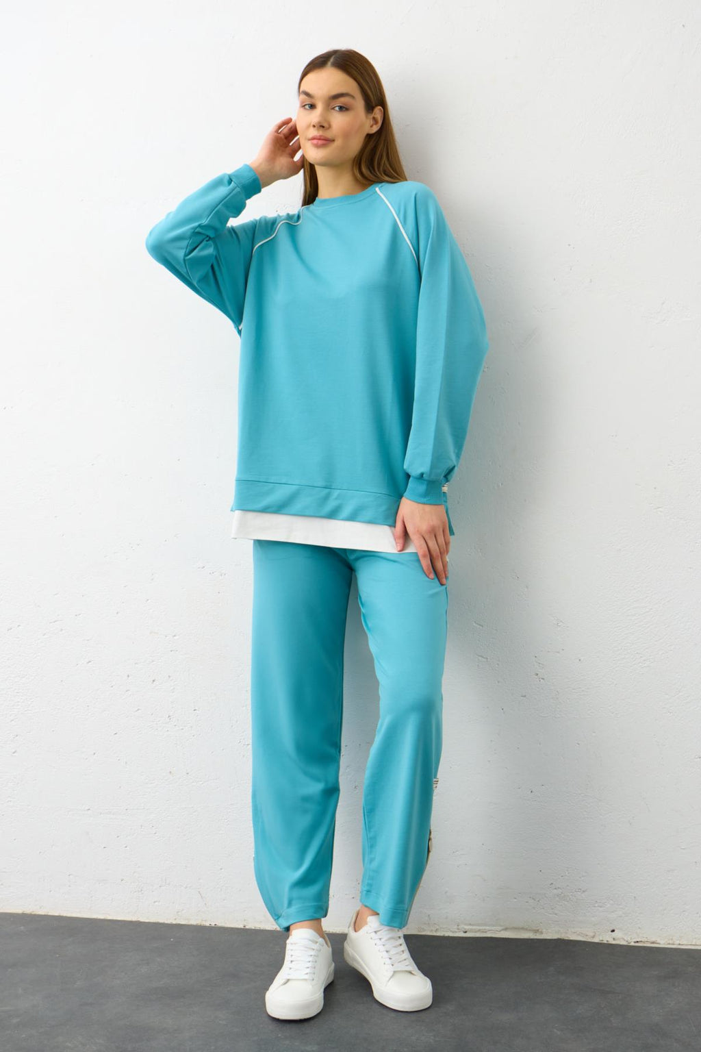 SU YEŞİLİ Etiket Detaylı Paçası Fermuarlı Eteği Süprem Pamuklu Örme Alt Üst Takım