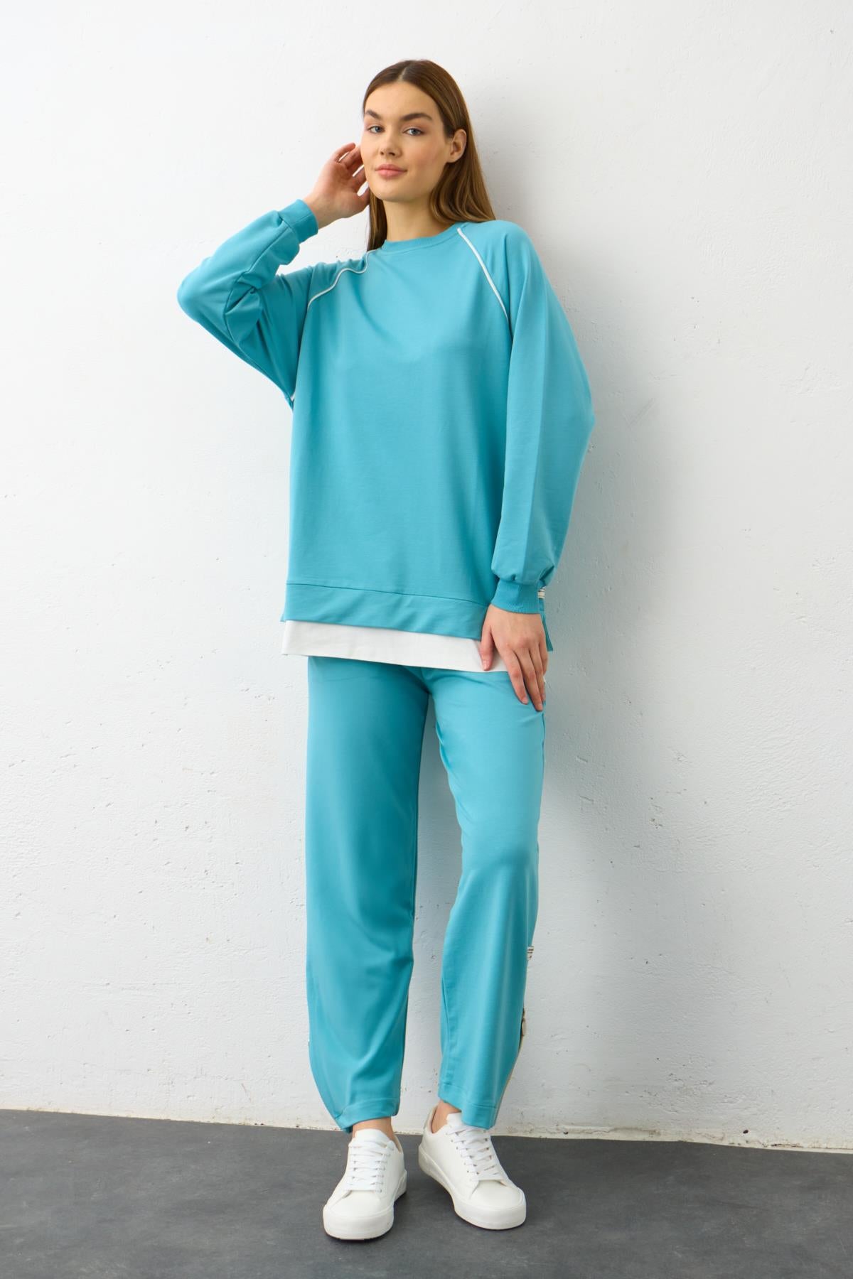 SU YEŞİLİ Etiket Detaylı Paçası Fermuarlı Eteği Süprem Pamuklu Örme Alt Üst Takım