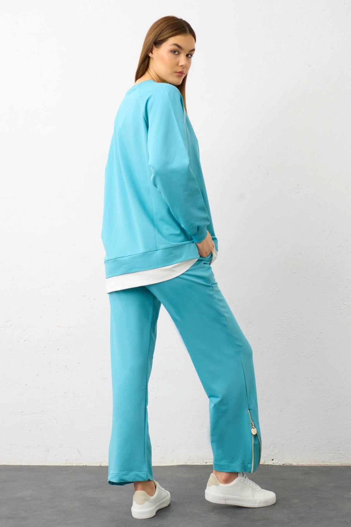 SU YEŞİLİ Etiket Detaylı Paçası Fermuarlı Eteği Süprem Pamuklu Örme Alt Üst Takım