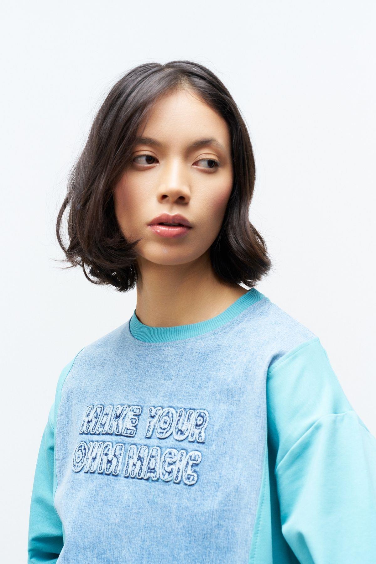 Su Yeşili Kadın Denim Üzeri Nakış İşlemeli Bisiklet Yaka Sweatshirt  Dar Paça Pantolon Pamuklu Örme Alt Üst Takım