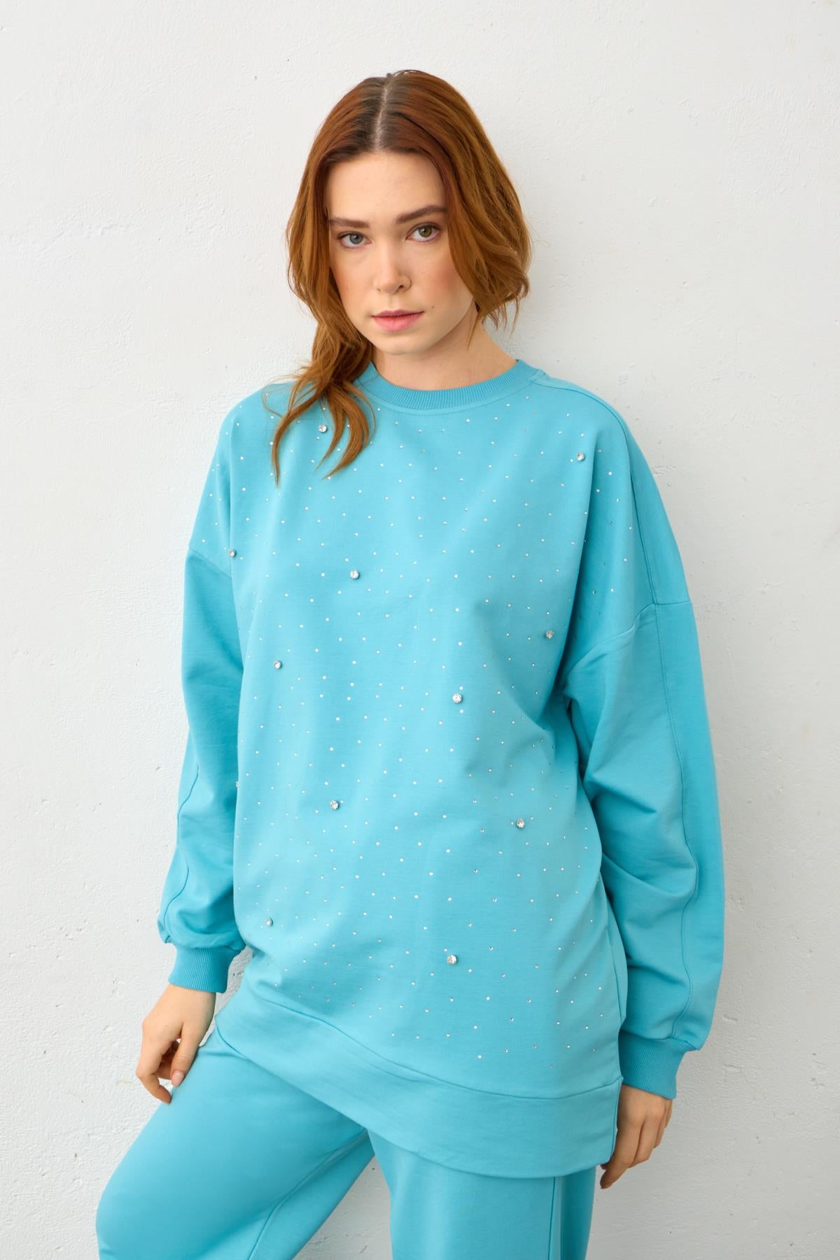 SU YEŞİLİ Taş Detaylı Pamuklu Örme Alt Üst Takım