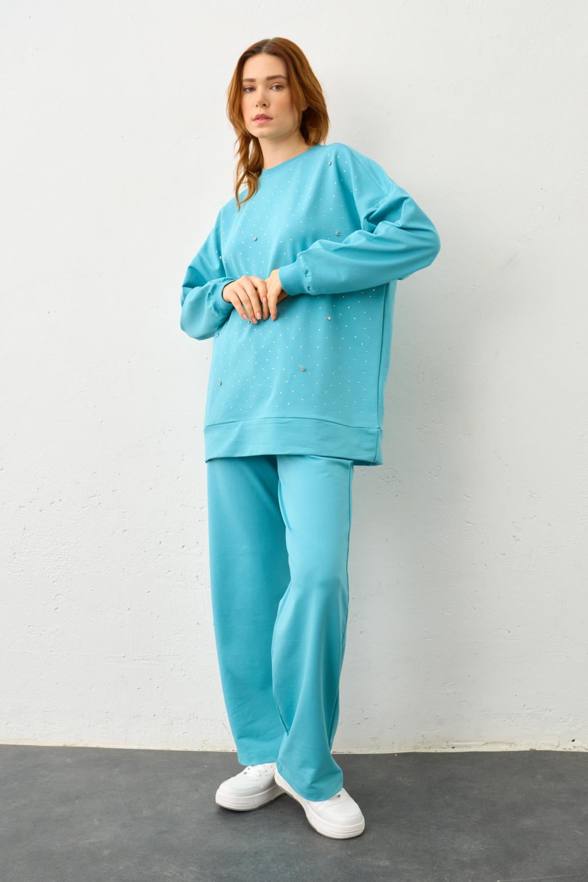 SU YEŞİLİ Taş Detaylı Pamuklu Örme Alt Üst Takım