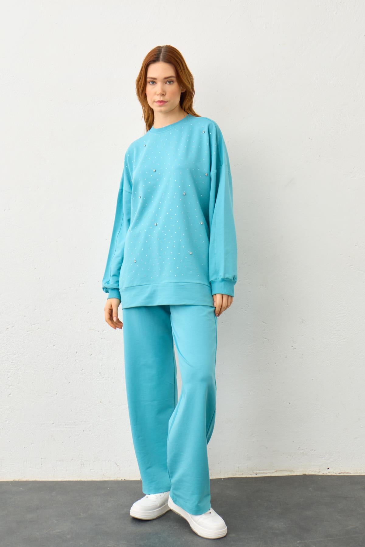 SU YEŞİLİ Taş Detaylı Pamuklu Örme Alt Üst Takım