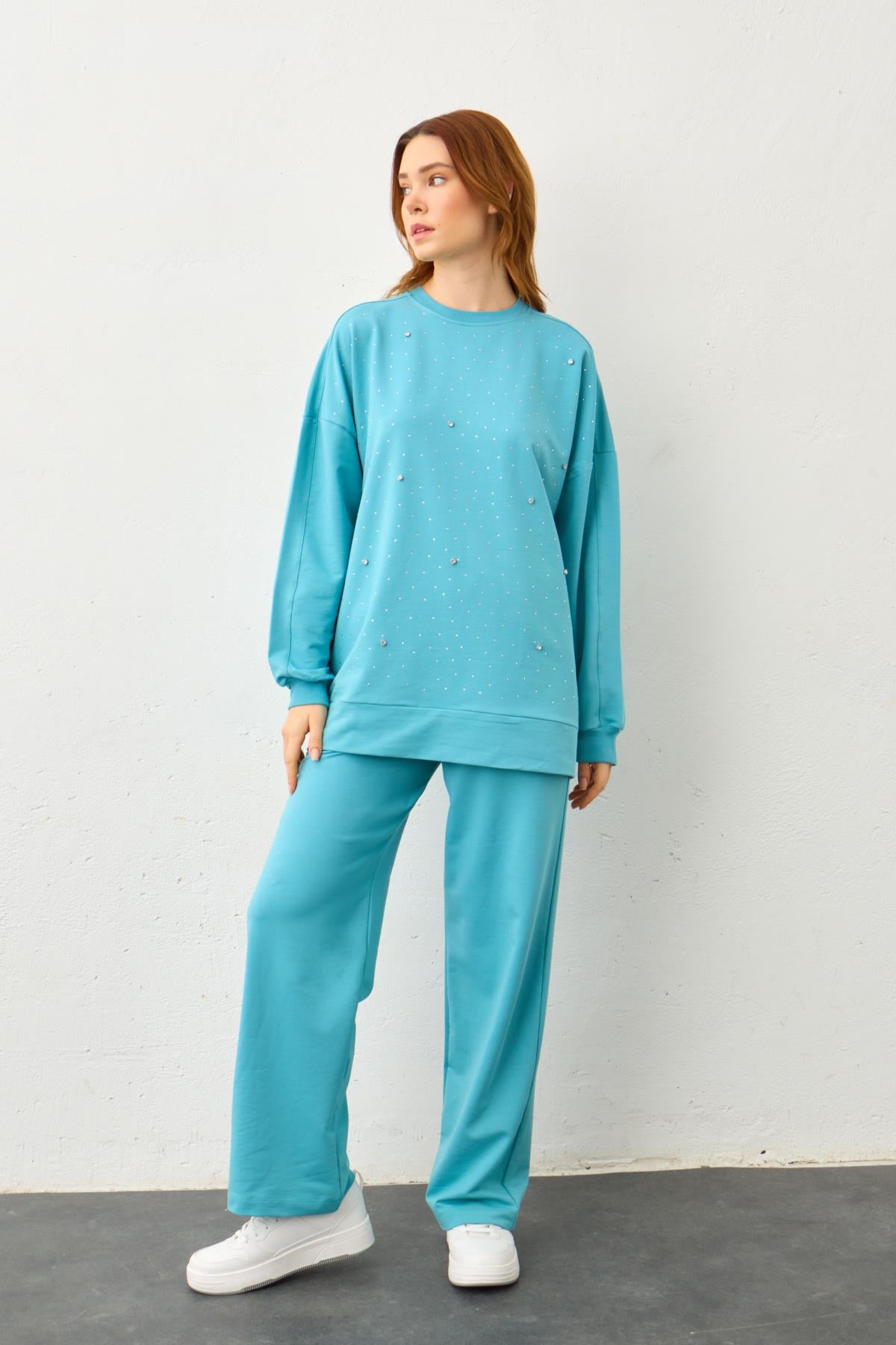 SU YEŞİLİ Taş Detaylı Pamuklu Örme Alt Üst Takım