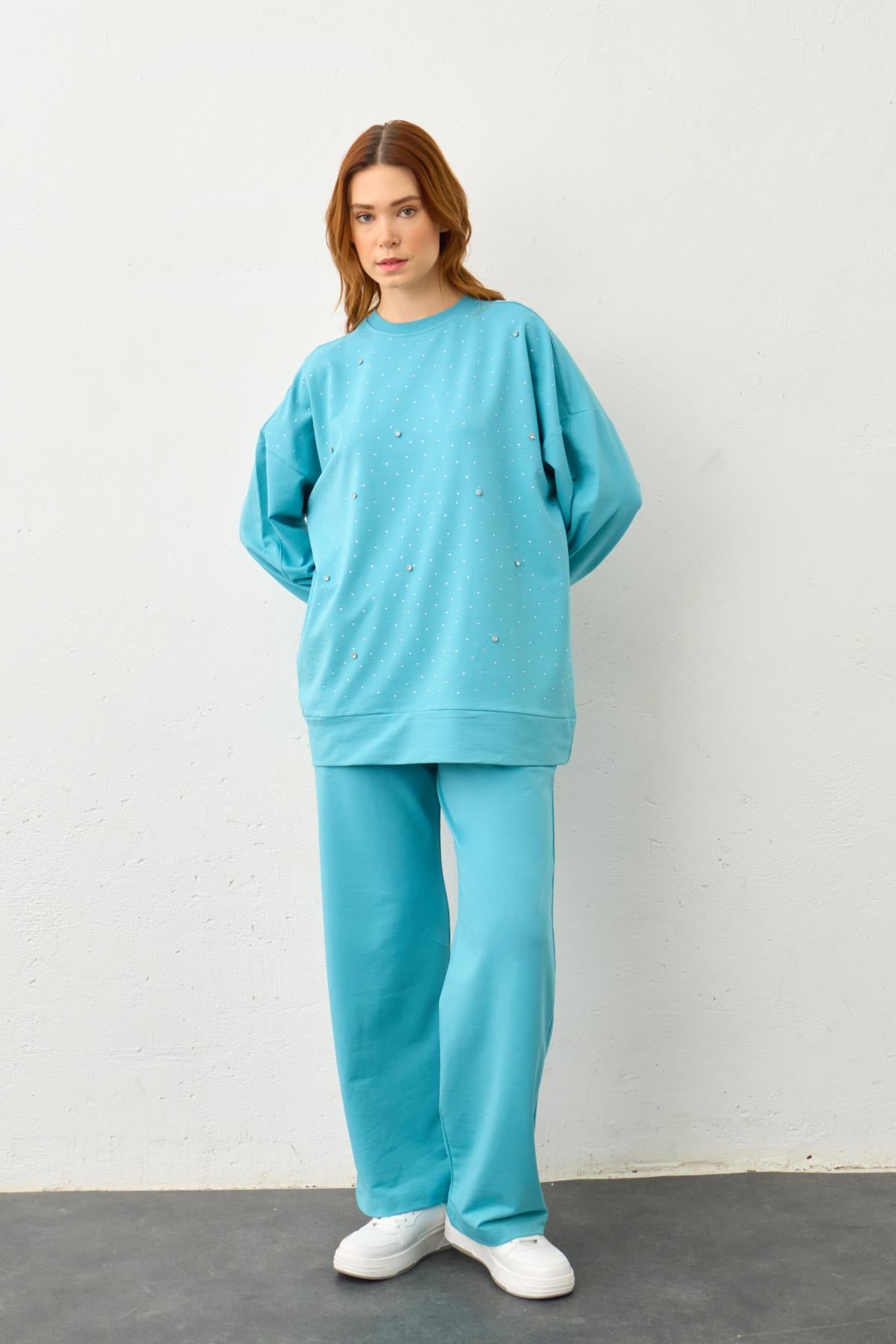 SU YEŞİLİ Taş Detaylı Pamuklu Örme Alt Üst Takım