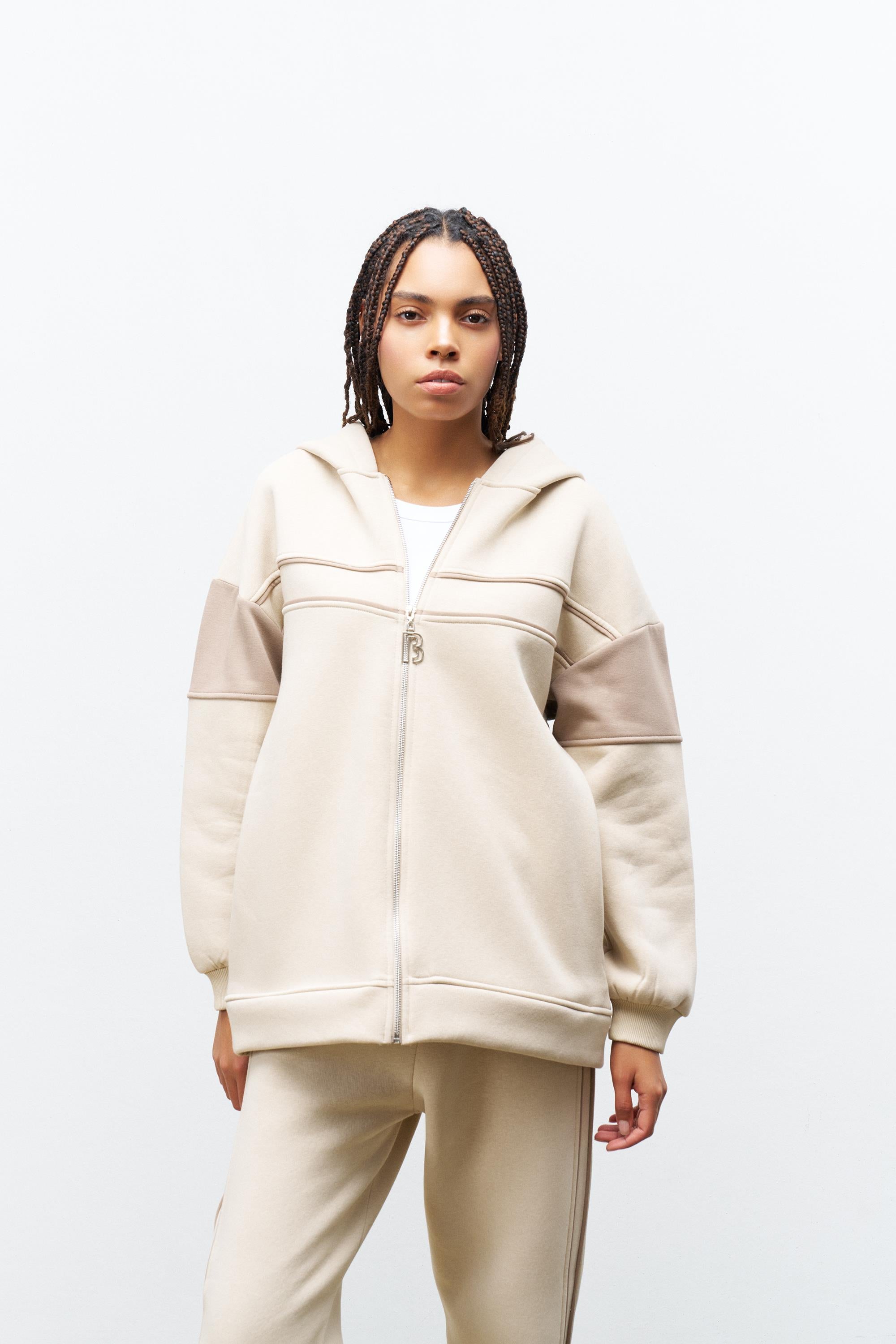 Taş Kadın Fermuarlı Çizgi Biye Detaylı Kapüşonlu İçi Polarlı Alt Üst Takım