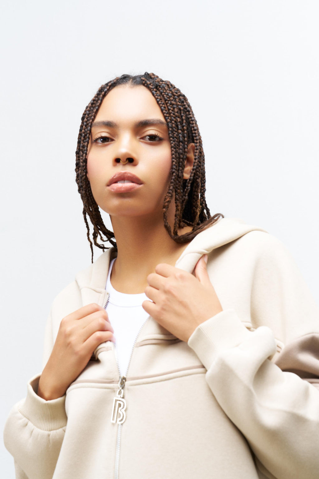 Taş Kadın Fermuarlı Çizgi Biye Detaylı Kapüşonlu İçi Polarlı Alt Üst Takım