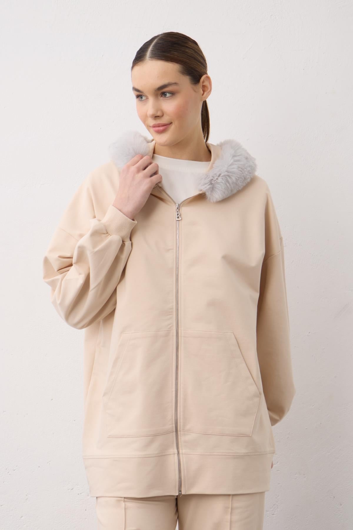 Taş Kadın Kapşonu Kürklü Fermuarlı Pamuklu Kadın Alt Üst Örme Takım