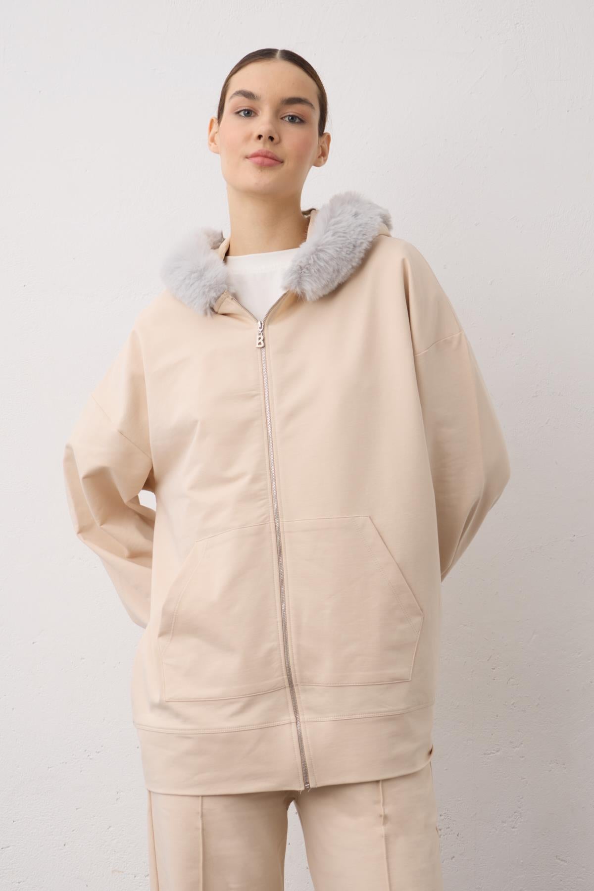 Taş Kadın Kapşonu Kürklü Fermuarlı Pamuklu Kadın Alt Üst Örme Takım