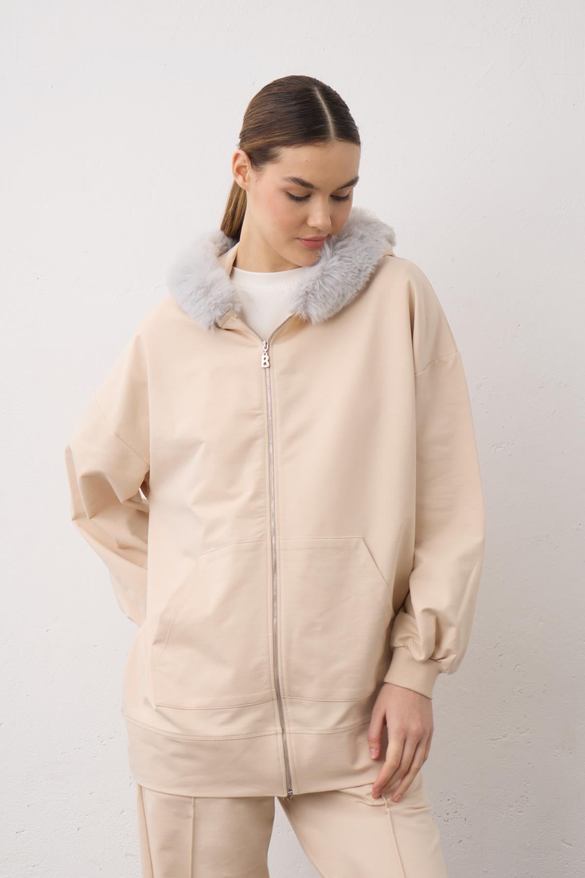 Taş Kadın Kapşonu Kürklü Fermuarlı Pamuklu Kadın Alt Üst Örme Takım