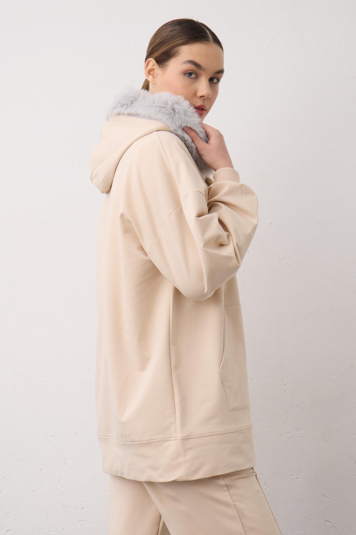 Taş Kadın Kapşonu Kürklü Fermuarlı Pamuklu Kadın Alt Üst Örme Takım