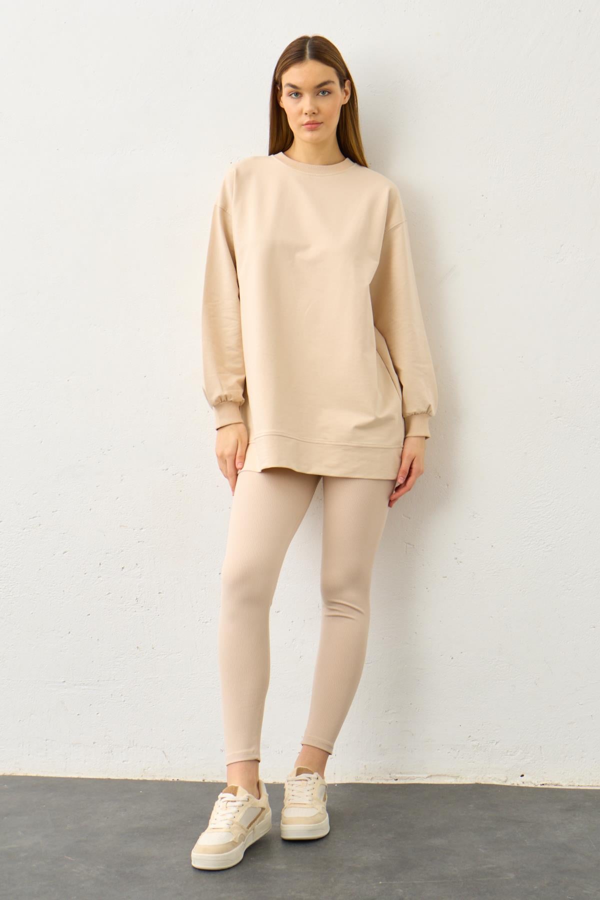 Taş Yüksek Bel Tayt Üstü Bisiklet Yaka Tunik  Pamuklu Alt Üst Takım