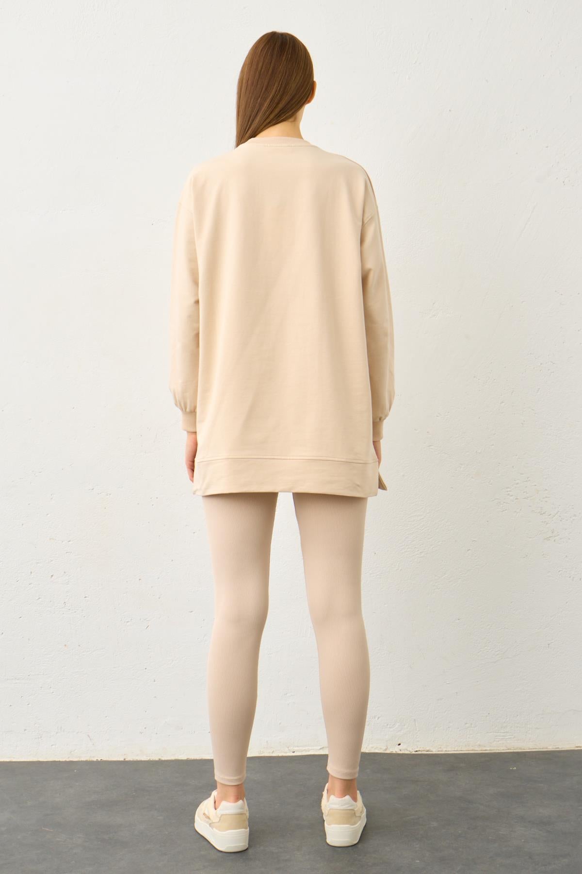 Taş Yüksek Bel Tayt Üstü Bisiklet Yaka Tunik  Pamuklu Alt Üst Takım