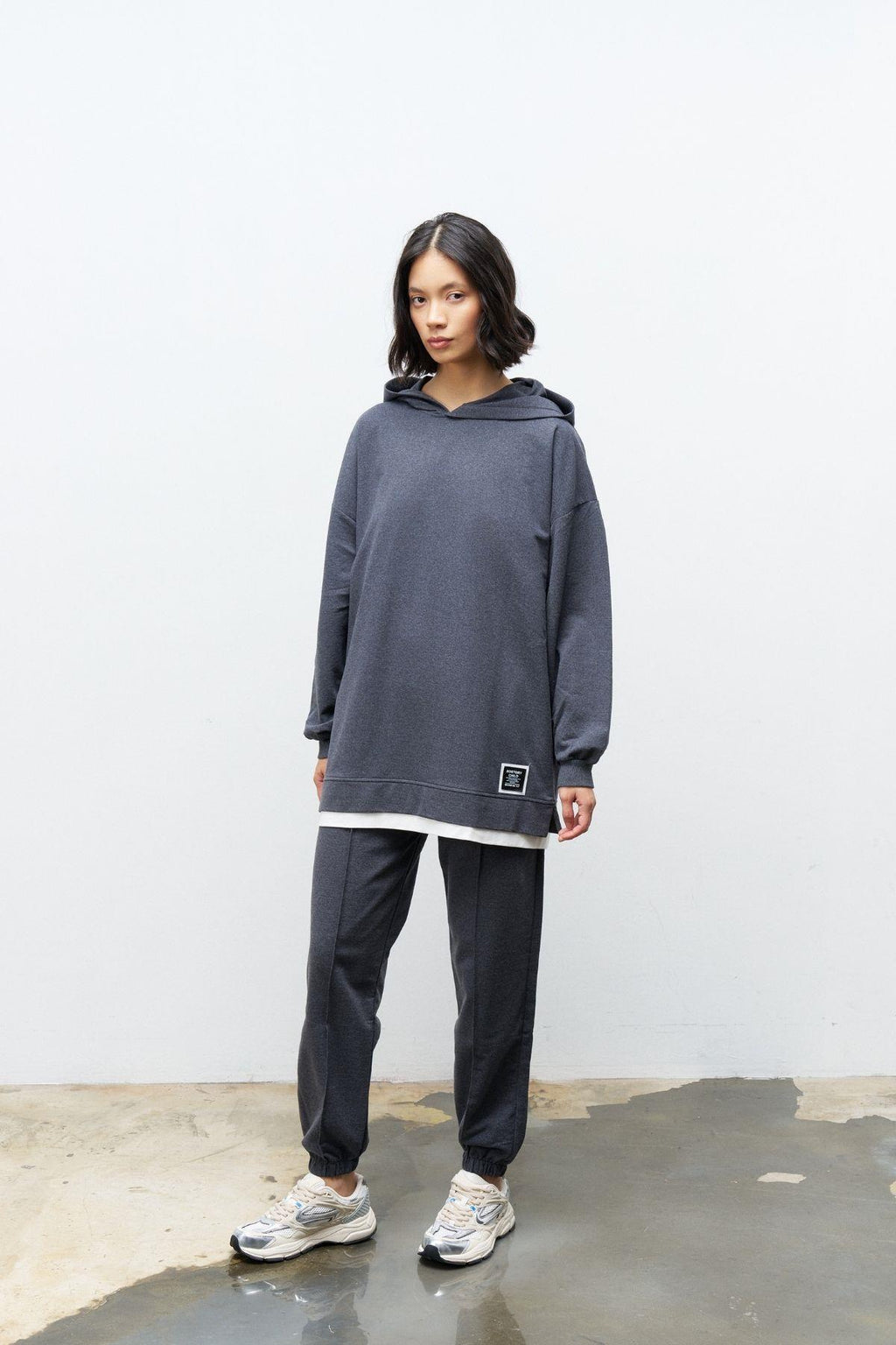 Text Kapüşonlu Basic Oversize Antrasit Alt Üst Eşofman Takımı