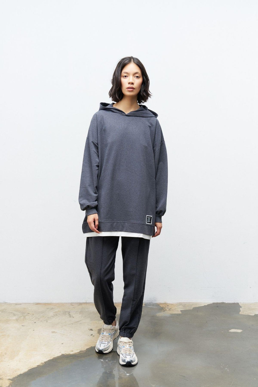 Text Kapüşonlu Basic Oversize Antrasit Alt Üst Eşofman Takımı