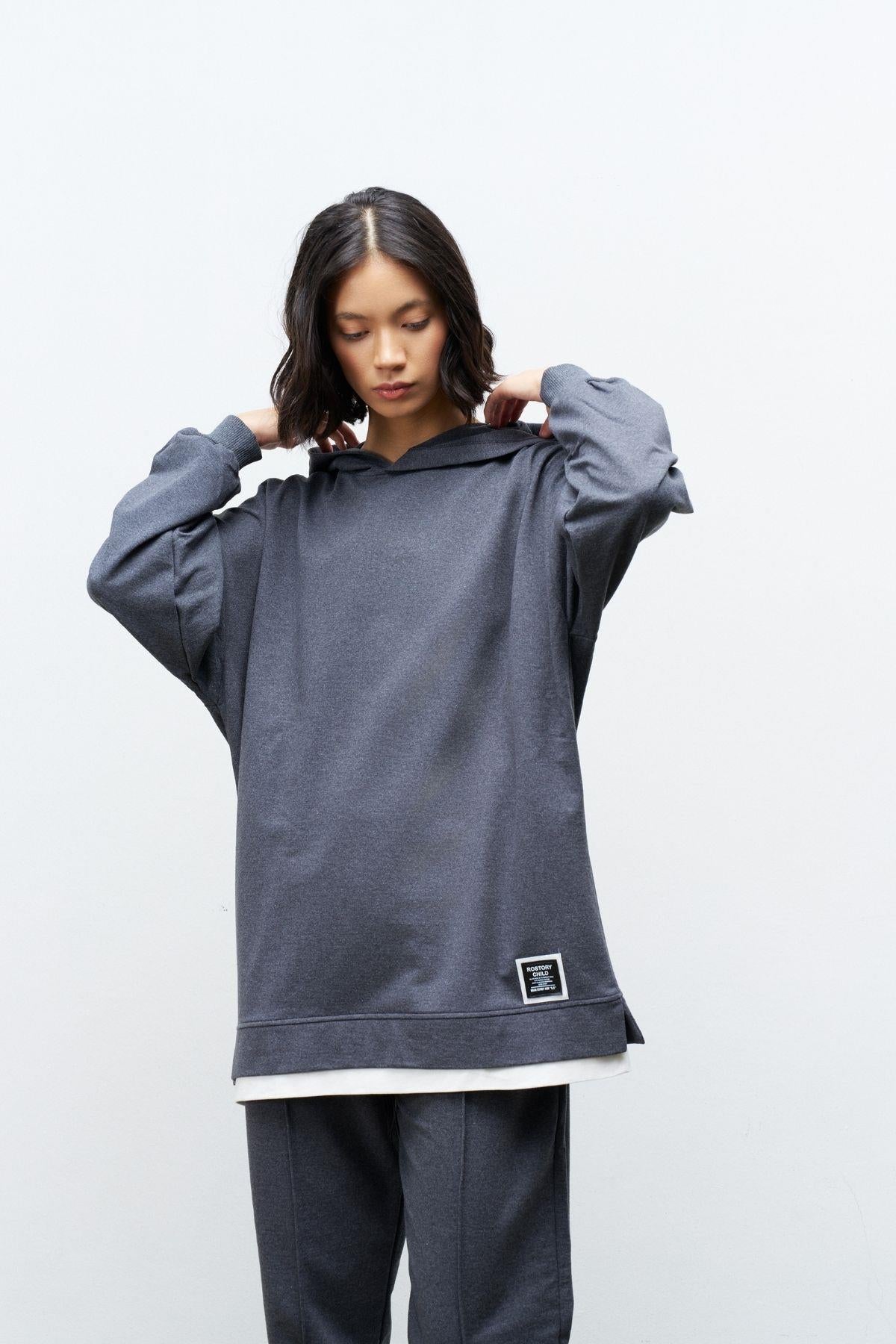 Text Kapüşonlu Basic Oversize Antrasit Alt Üst Eşofman Takımı