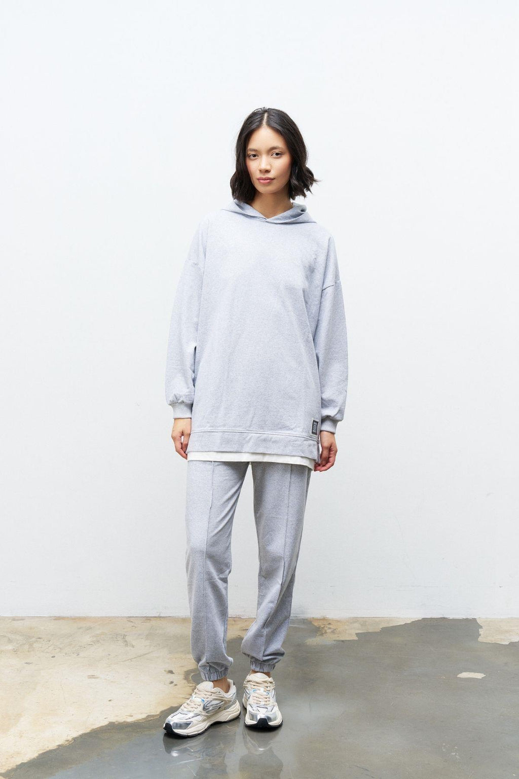 Text Kapüşonlu Basic Oversize Gri Alt Üst Eşofman Takımı