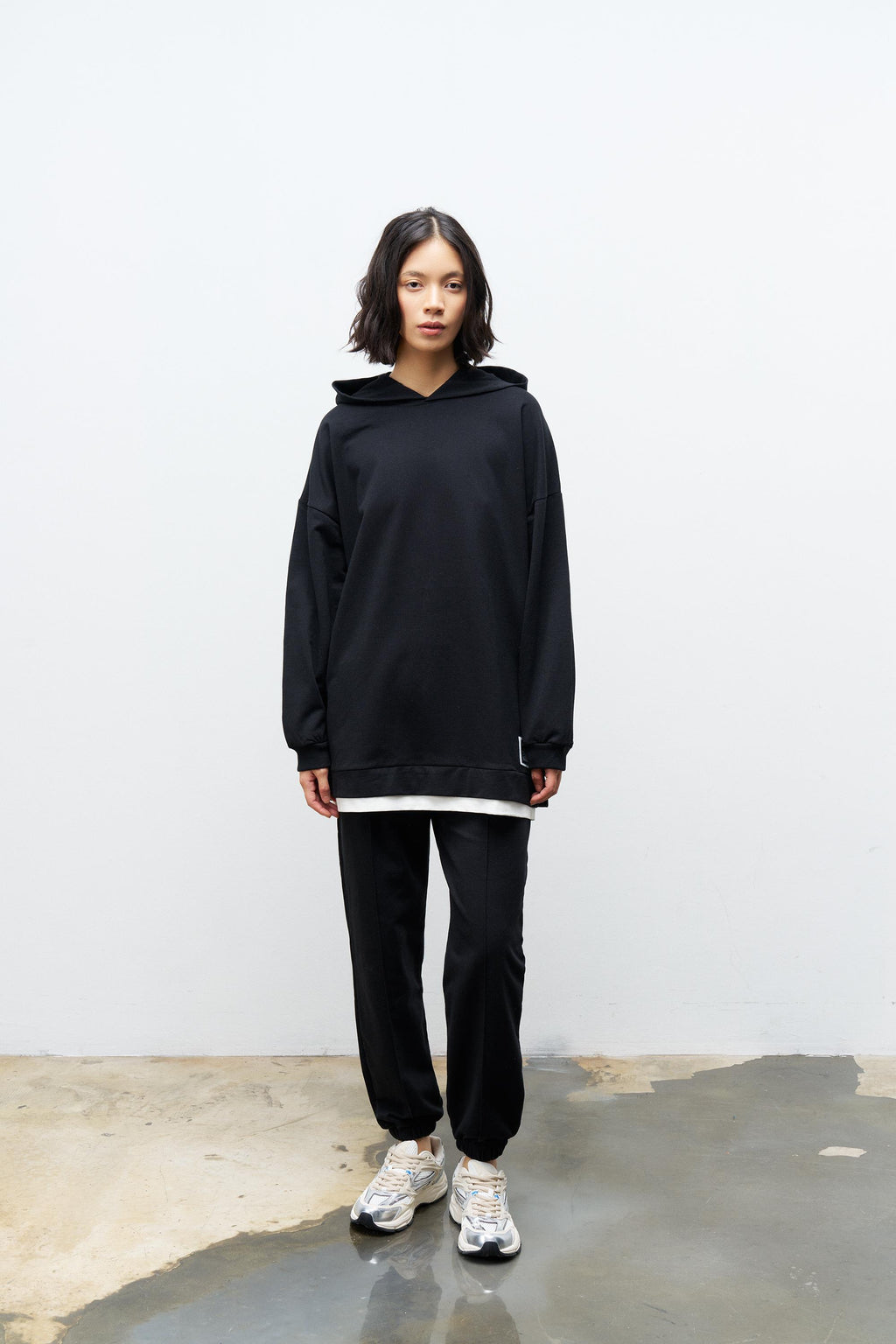 Text Kapüşonlu Basic Oversize Siyah Alt Üst Eşofman Takımı