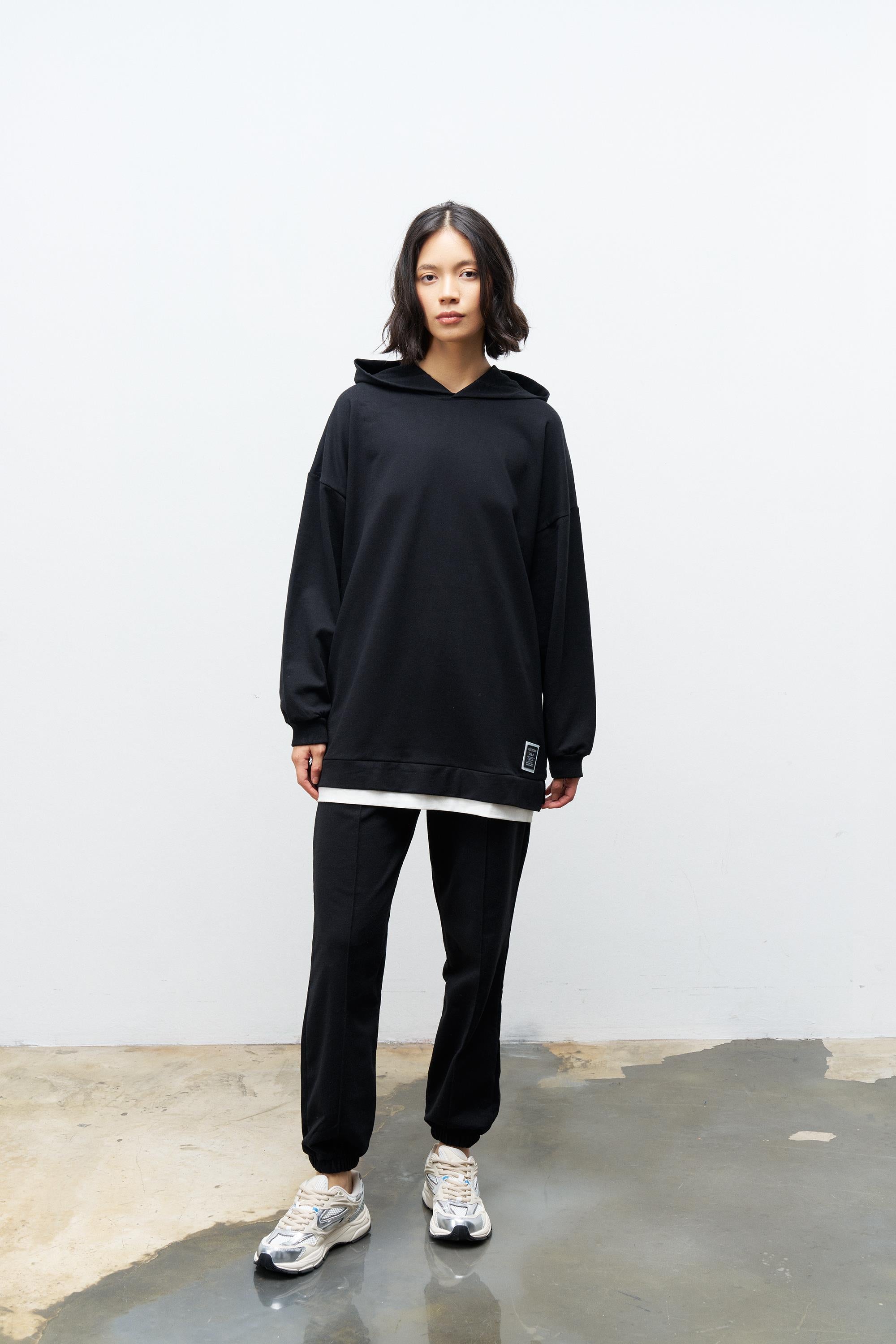 Text Kapüşonlu Basic Oversize Siyah Alt Üst Eşofman Takımı